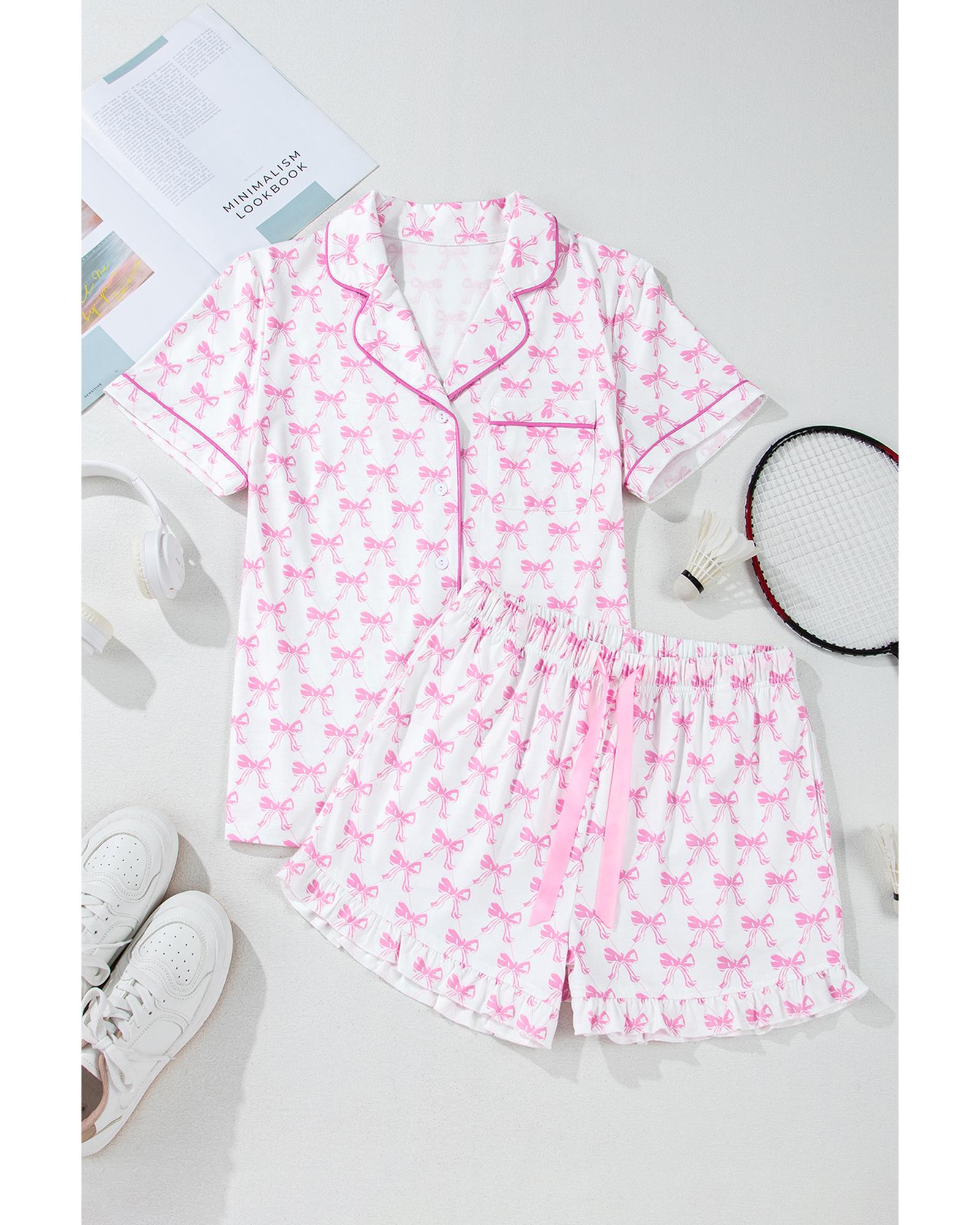 Pink Bowknot Printed Short Sleeve and Ruffled Shorts Valentines Pajama Set - S 4
