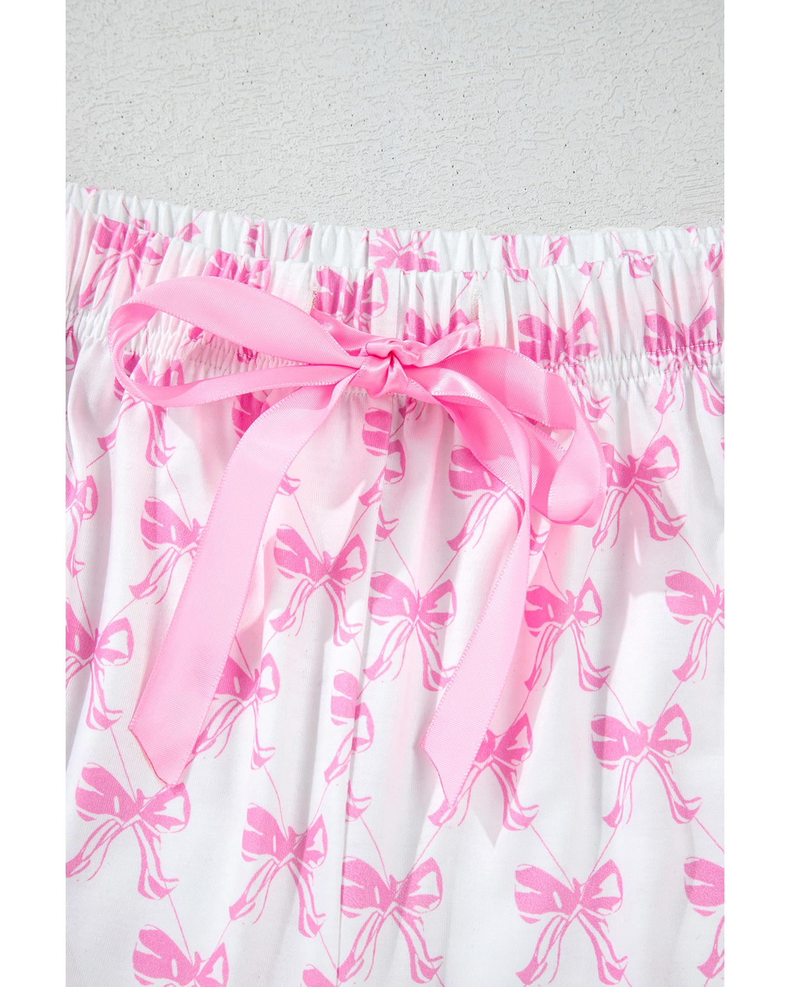 Pink Bowknot Printed Short Sleeve and Ruffled Shorts Valentines Pajama Set - XL 5