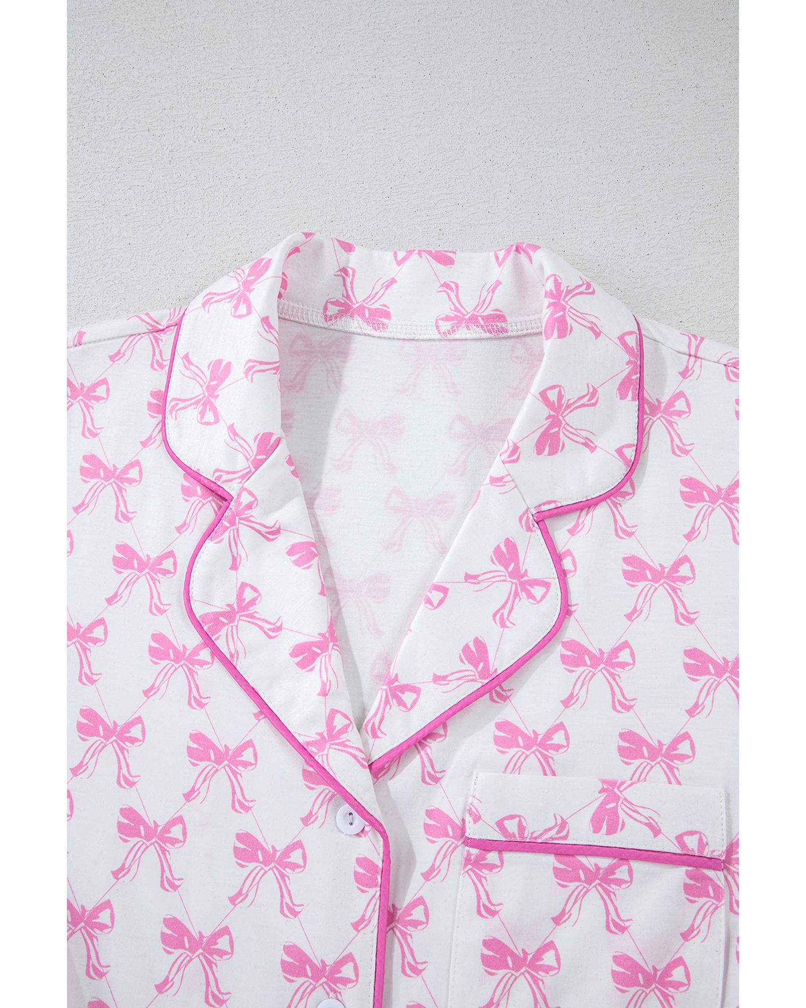 Pink Bowknot Printed Short Sleeve and Ruffled Shorts Valentines Pajama Set - XL 8