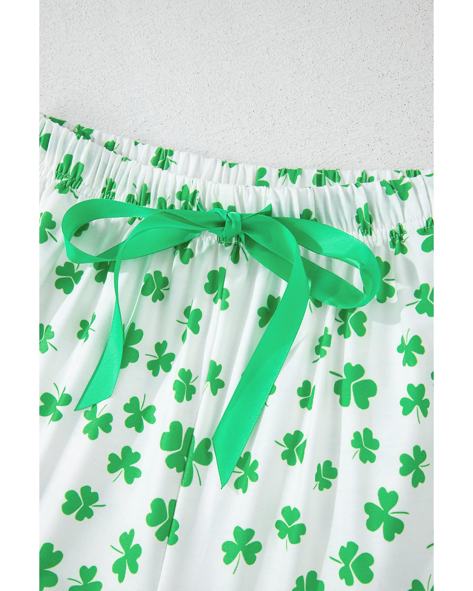 Green Clover Printed Short Sleeve and Ruffled Shorts Pajama Set - M 7