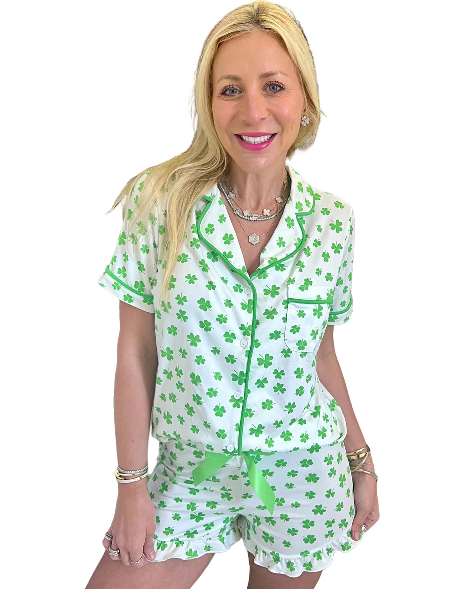 Green Clover Printed Short Sleeve and Ruffled Shorts Pajama Set - S