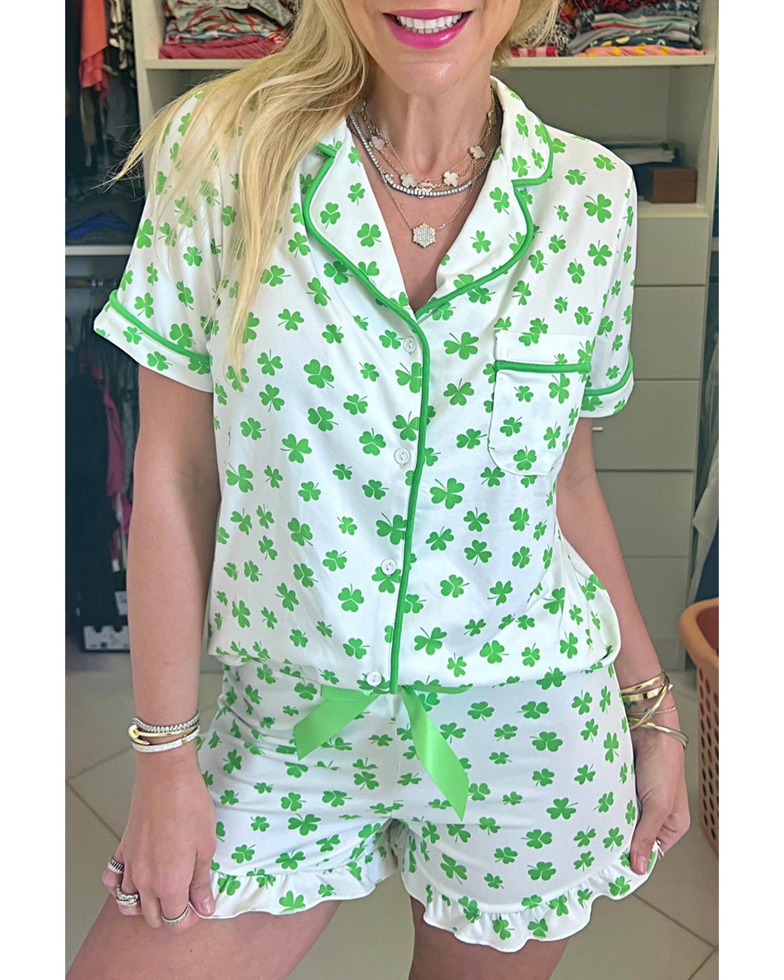 Green Clover Printed Short Sleeve and Ruffled Shorts Pajama Set - XL 3