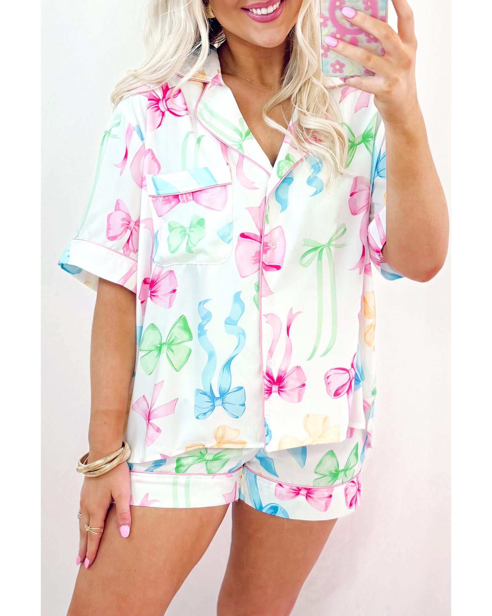 White Bowknot Print Buttoned Shirt High Waist Shorts Pajama Set - L 5
