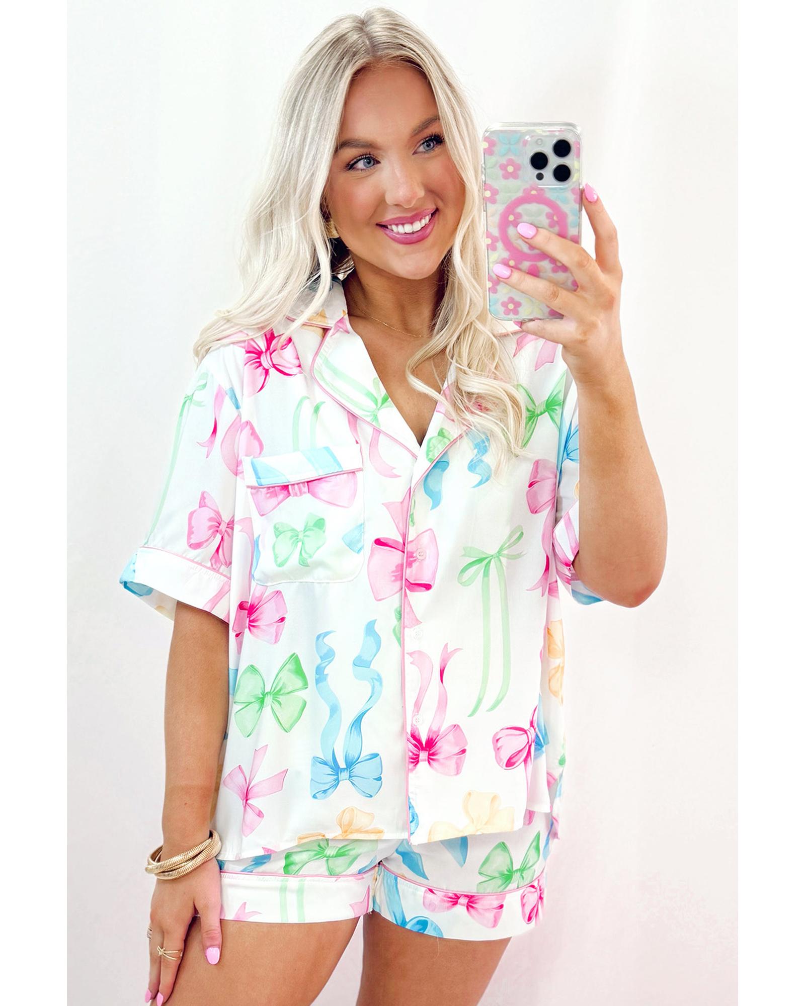 White Bowknot Print Buttoned Shirt High Waist Shorts Pajama Set - M 3