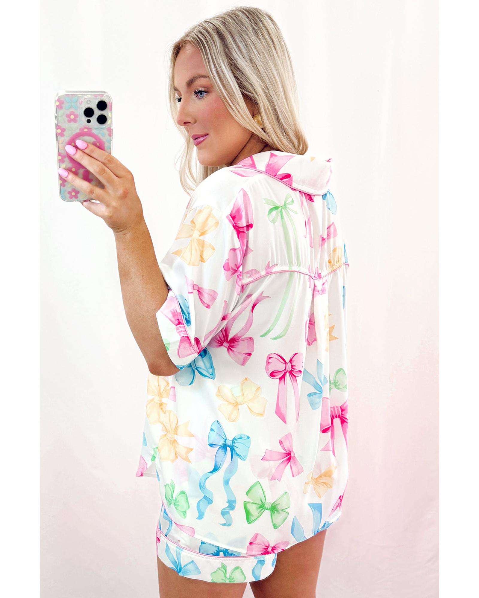 White Bowknot Print Buttoned Shirt High Waist Shorts Pajama Set - M 6