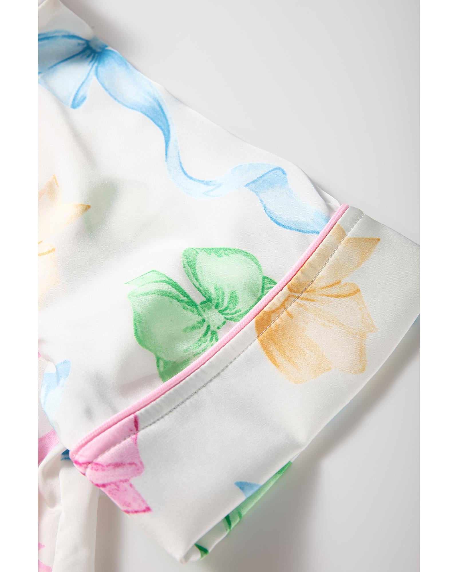 White Bowknot Print Buttoned Shirt High Waist Shorts Pajama Set - M 7