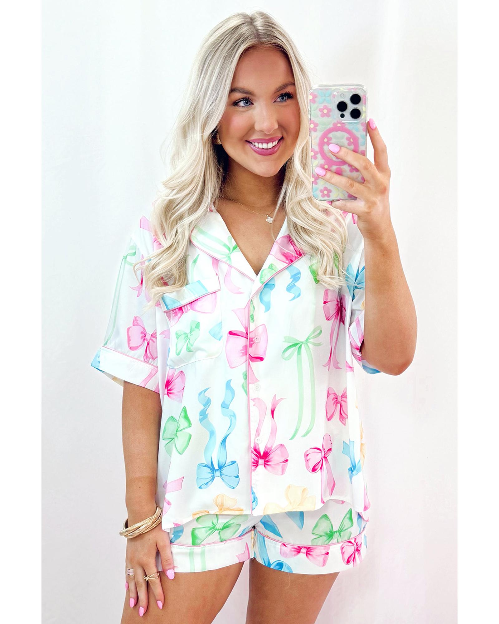 White Bowknot Print Buttoned Shirt High Waist Shorts Pajama Set - M 8