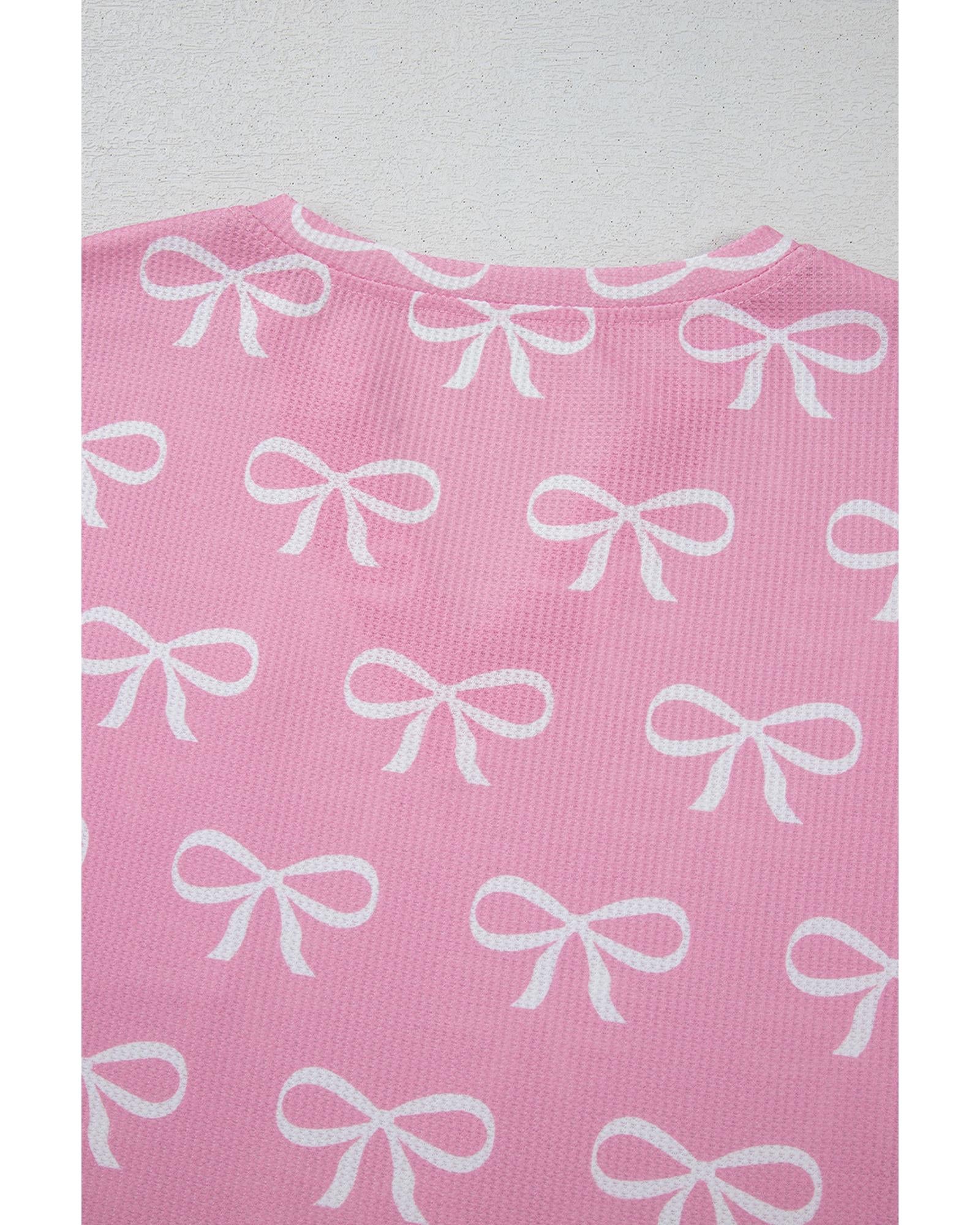 Pink Waffle Knit Bowknot Printed V Neck T Shirt and Shorts Set - S 3