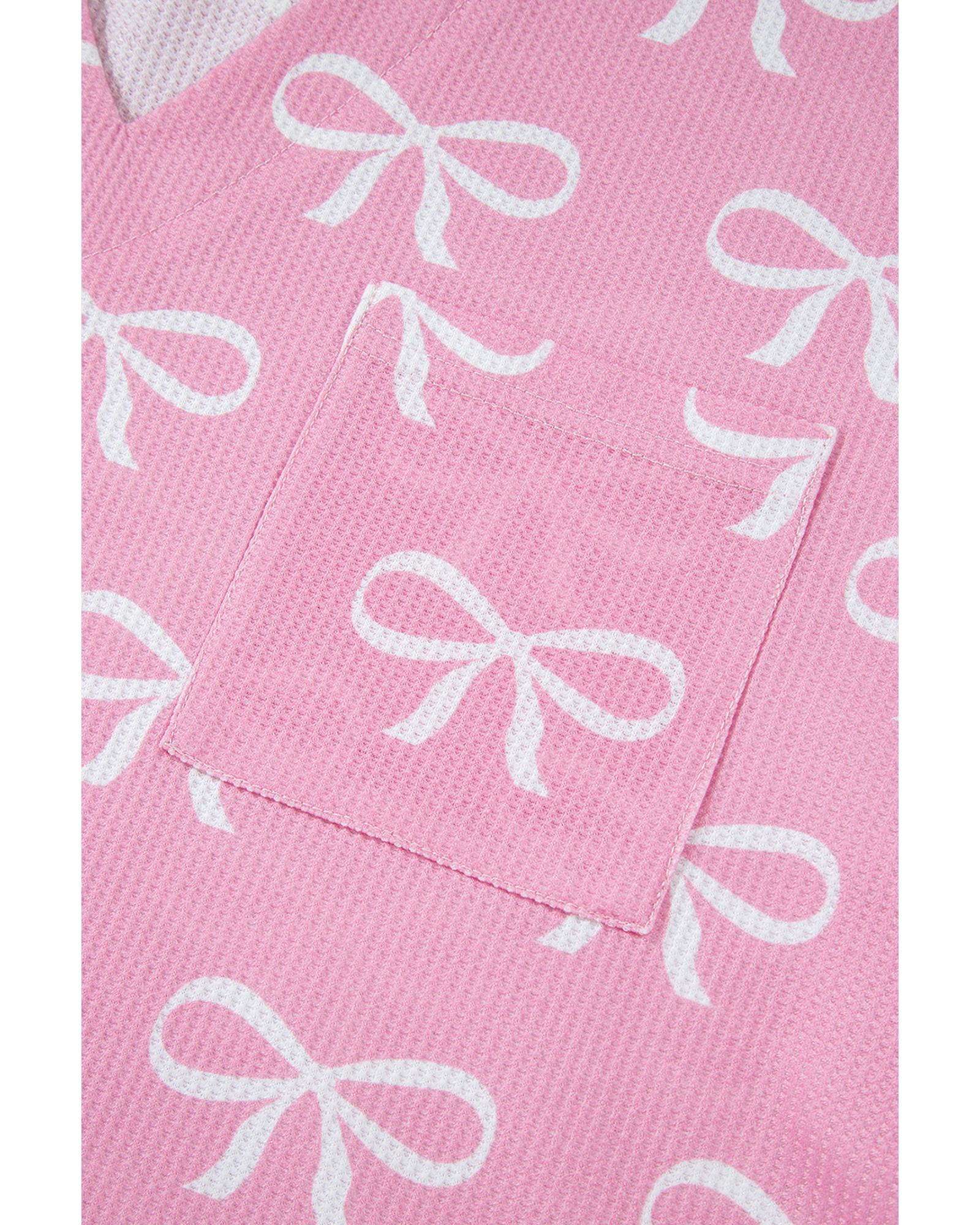 Pink Waffle Knit Bowknot Printed V Neck T Shirt and Shorts Set - S 5