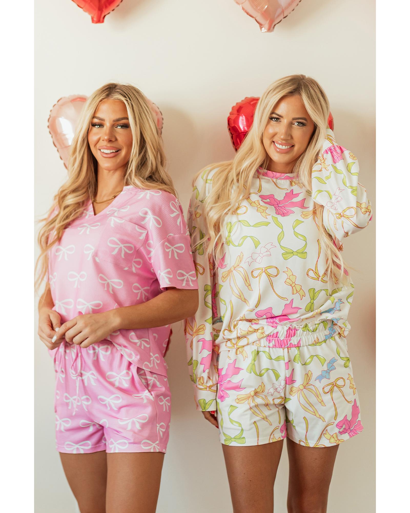 Pink Waffle Knit Bowknot Printed V Neck T Shirt and Shorts Set - XL 4