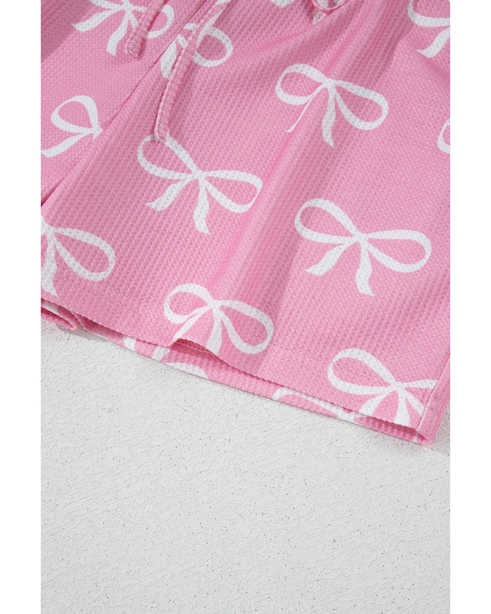 Pink Waffle Knit Bowknot Printed V Neck T Shirt and Shorts Set - XL 6