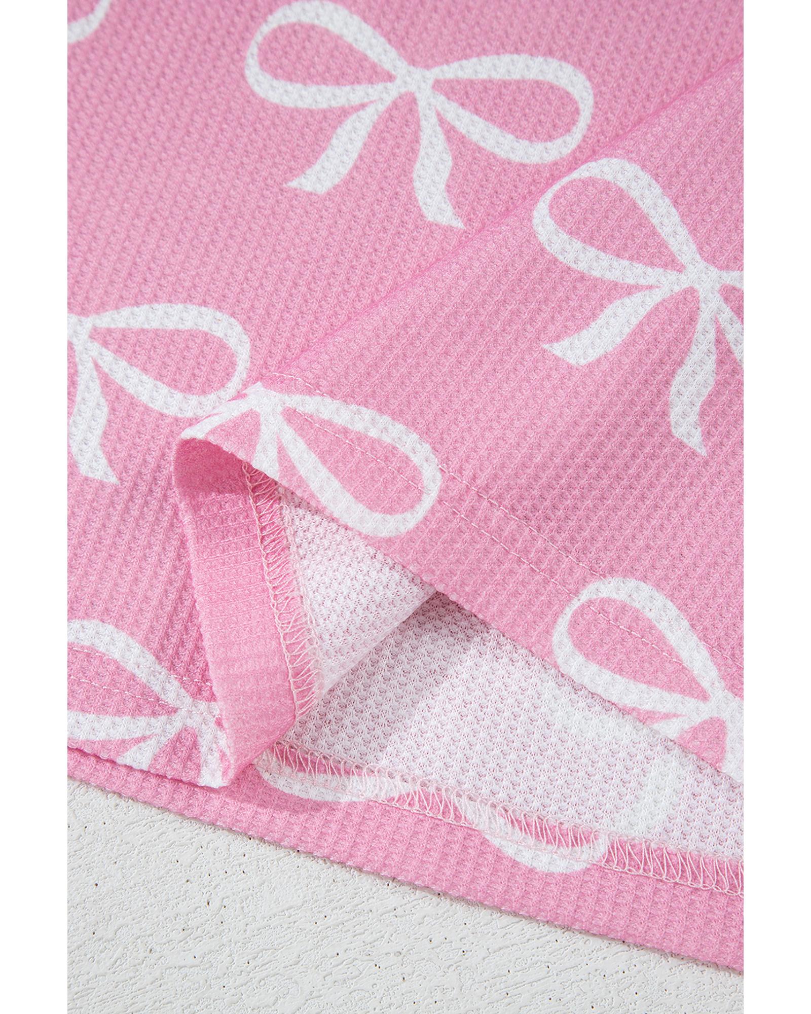 Pink Waffle Knit Bowknot Printed V Neck T Shirt and Shorts Set - XL 7