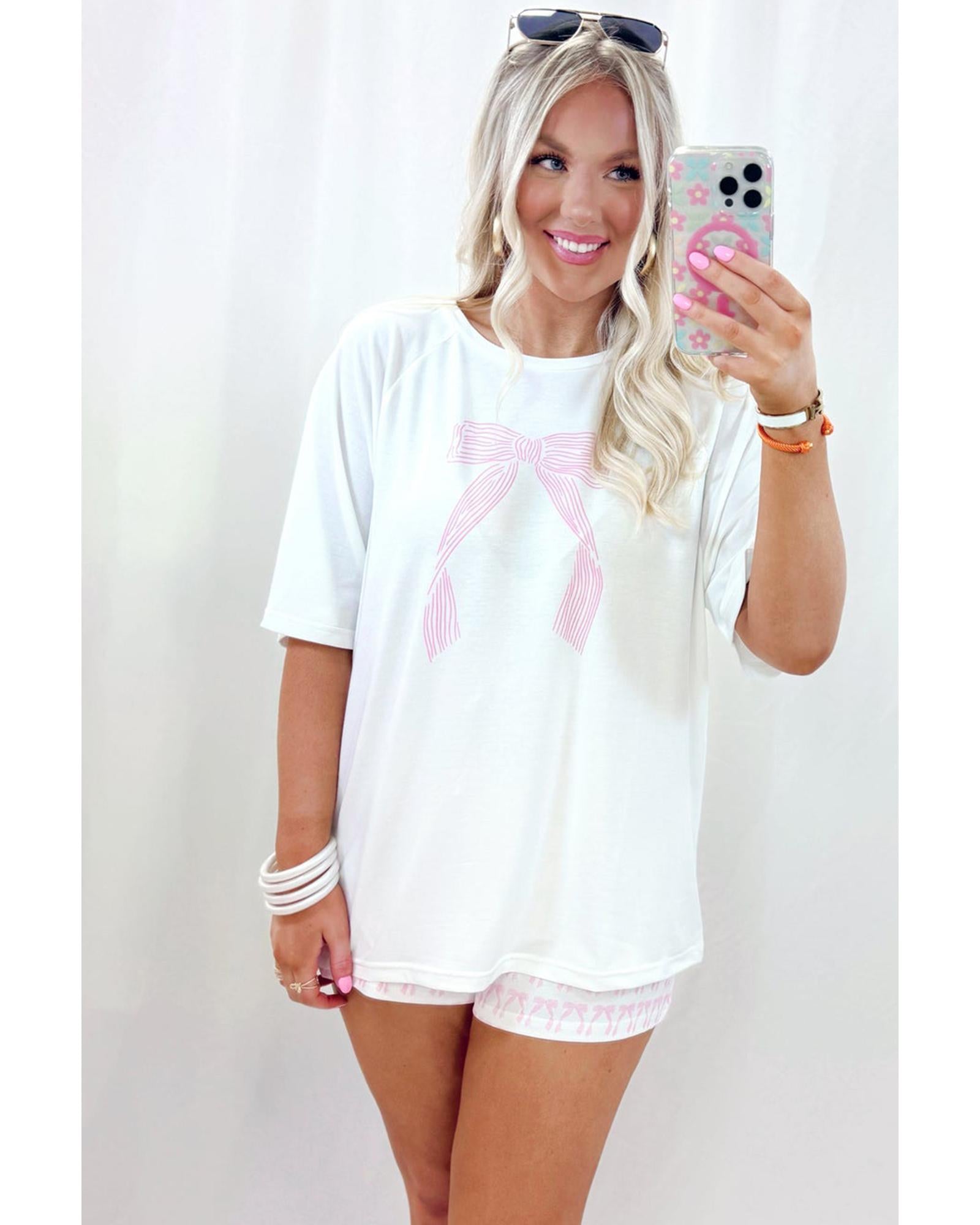 Pink Bow Knot Print Loose Fit Two Piece Casual Lounge Set - M 8