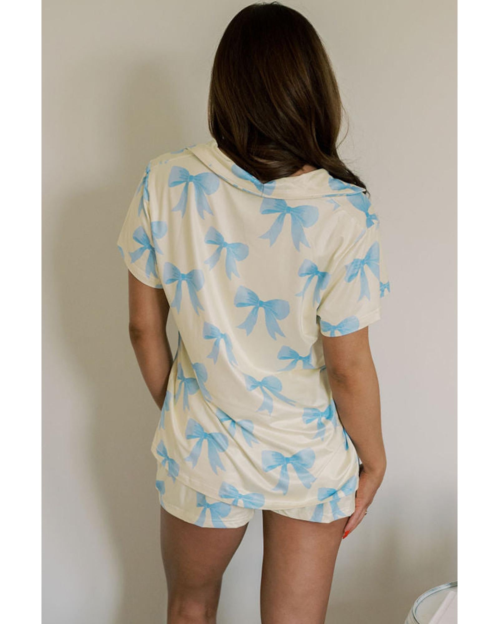 Yellow Bow Printed Short Sleeve Shirt Shorts Pajama Set - S 4
