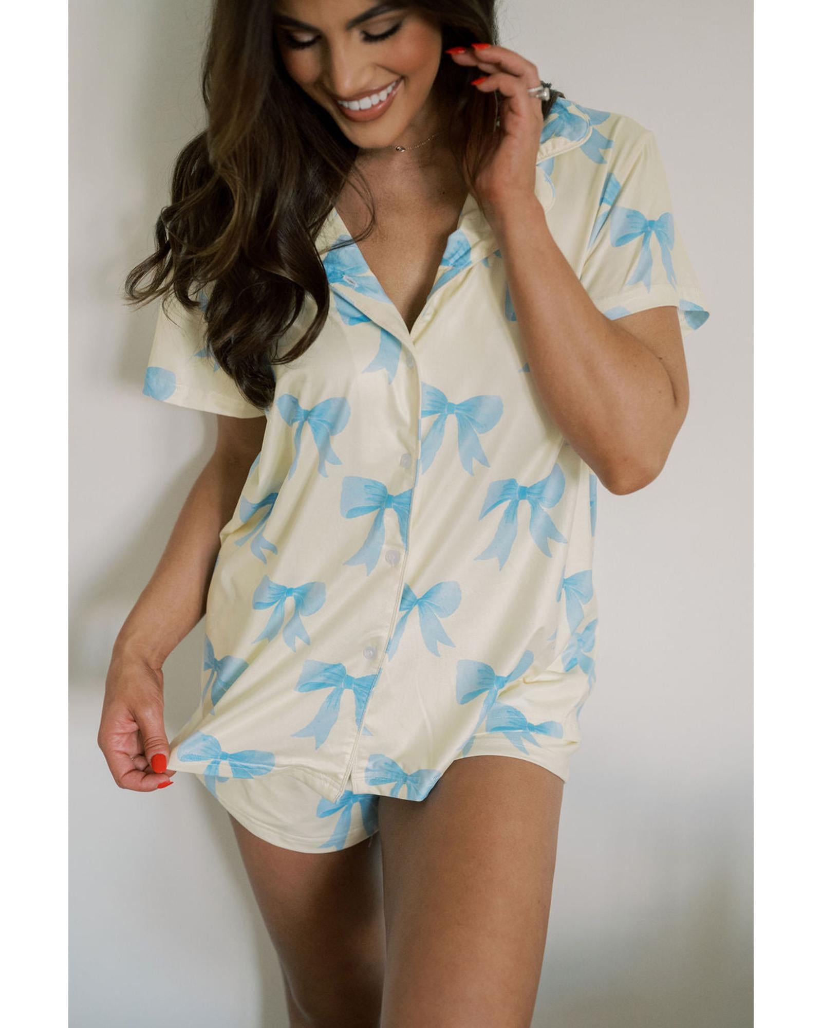 Yellow Bow Printed Short Sleeve Shirt Shorts Pajama Set - S 6