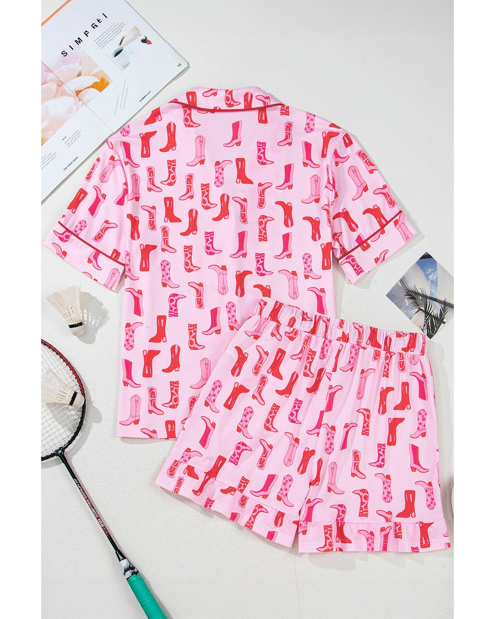 Pink Western Cowgirl Boots Printed Shirt Ruffled Shorts Pajama Set - L 3