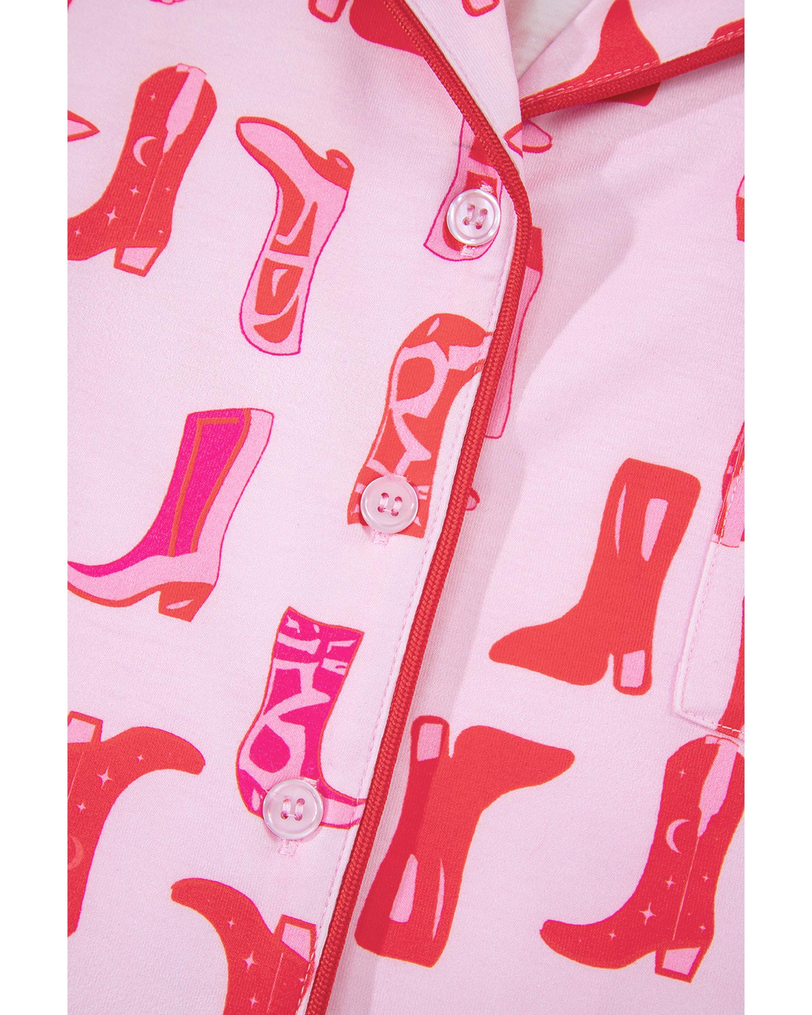 Pink Western Cowgirl Boots Printed Shirt Ruffled Shorts Pajama Set - L 8