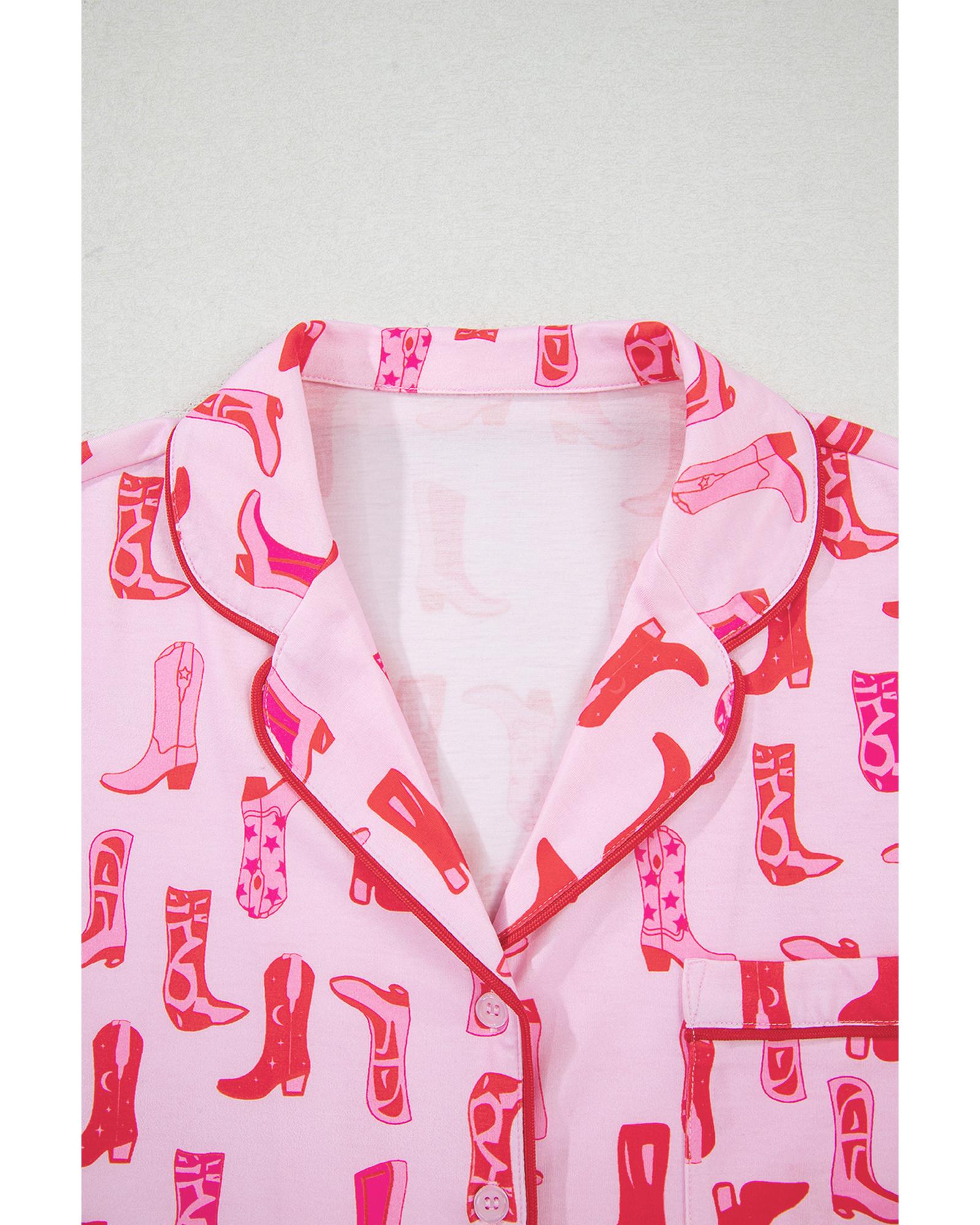 Pink Western Cowgirl Boots Printed Shirt Ruffled Shorts Pajama Set - XL 4