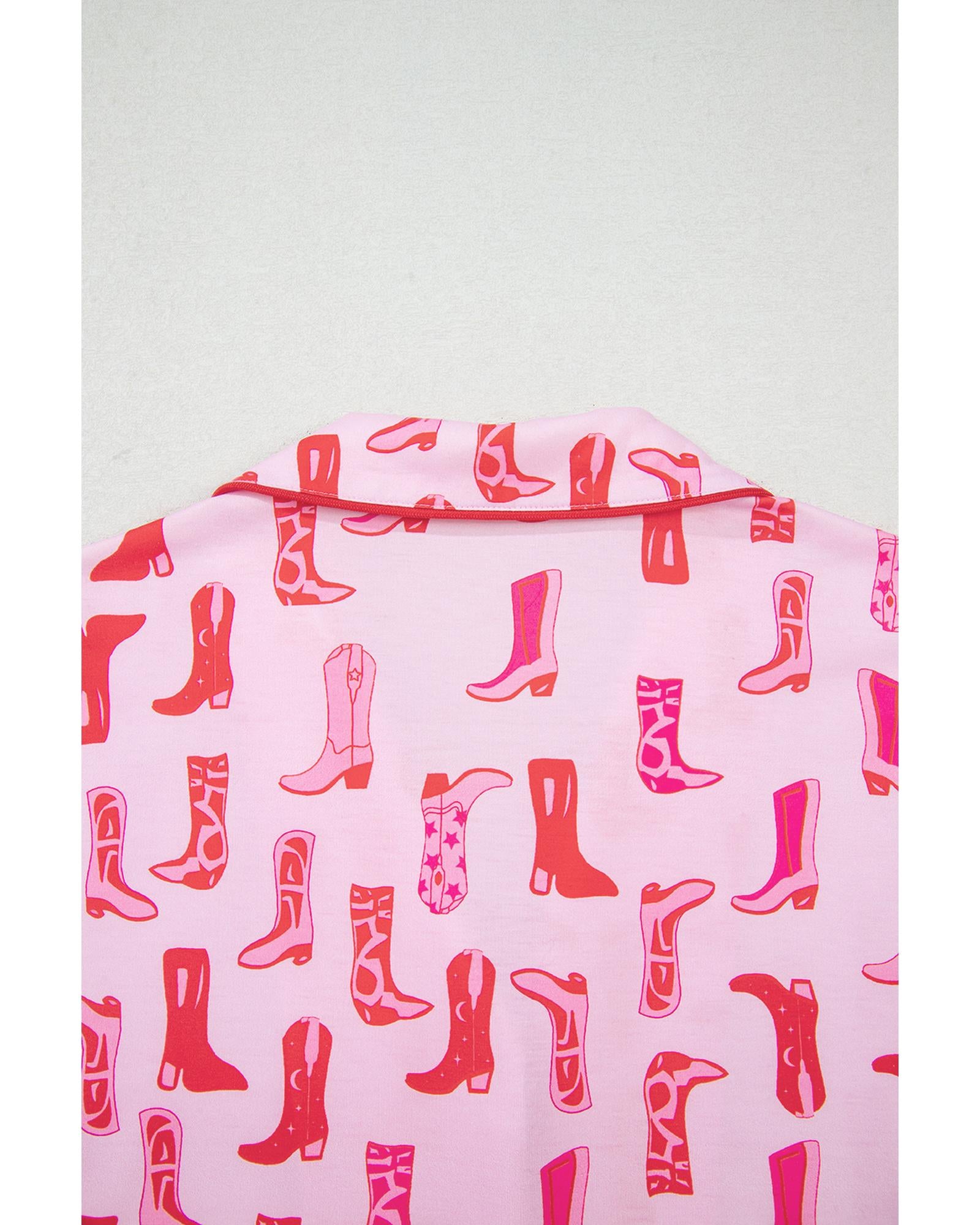 Pink Western Cowgirl Boots Printed Shirt Ruffled Shorts Pajama Set - XL 5