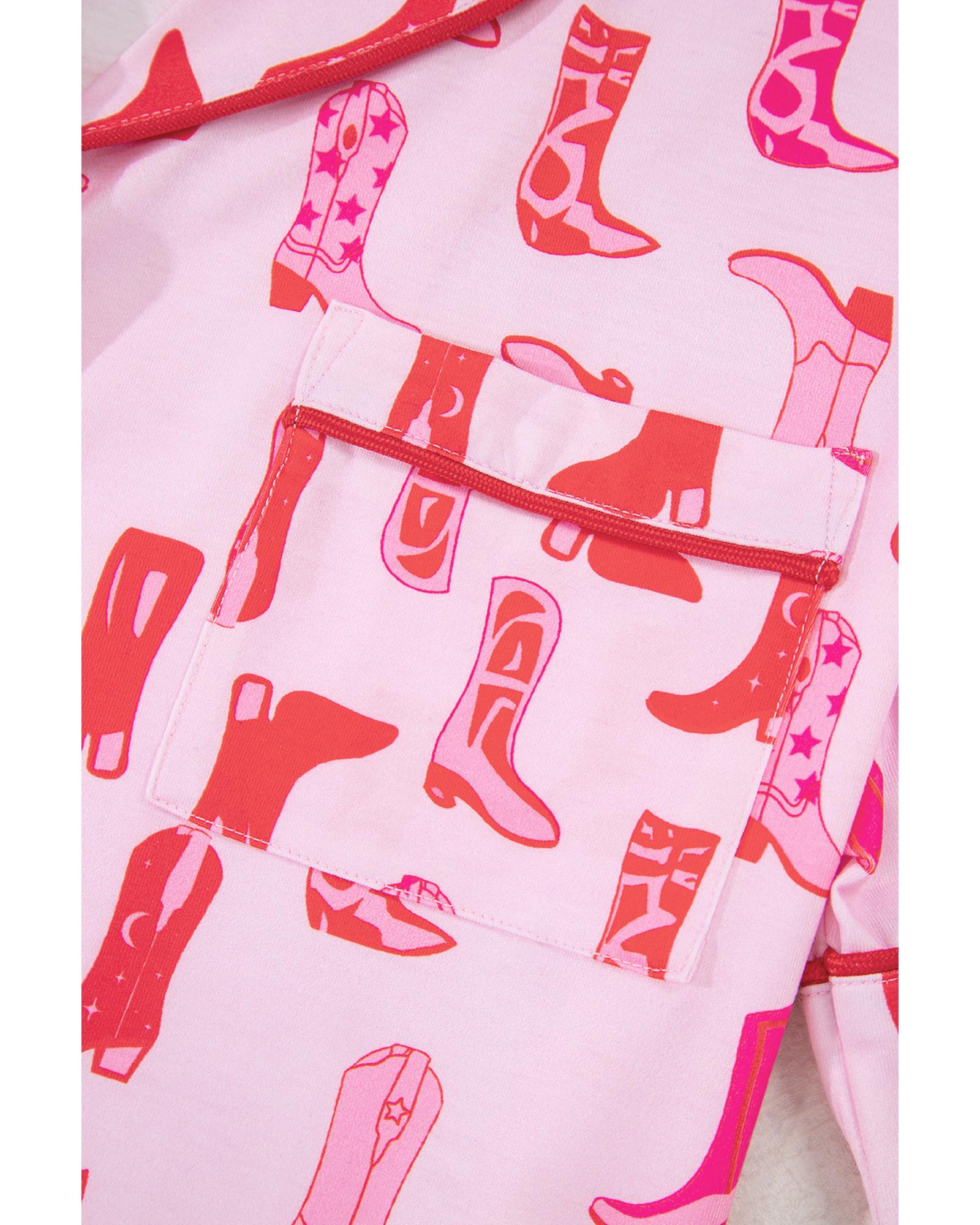 Pink Western Cowgirl Boots Printed Shirt Ruffled Shorts Pajama Set - XL 6