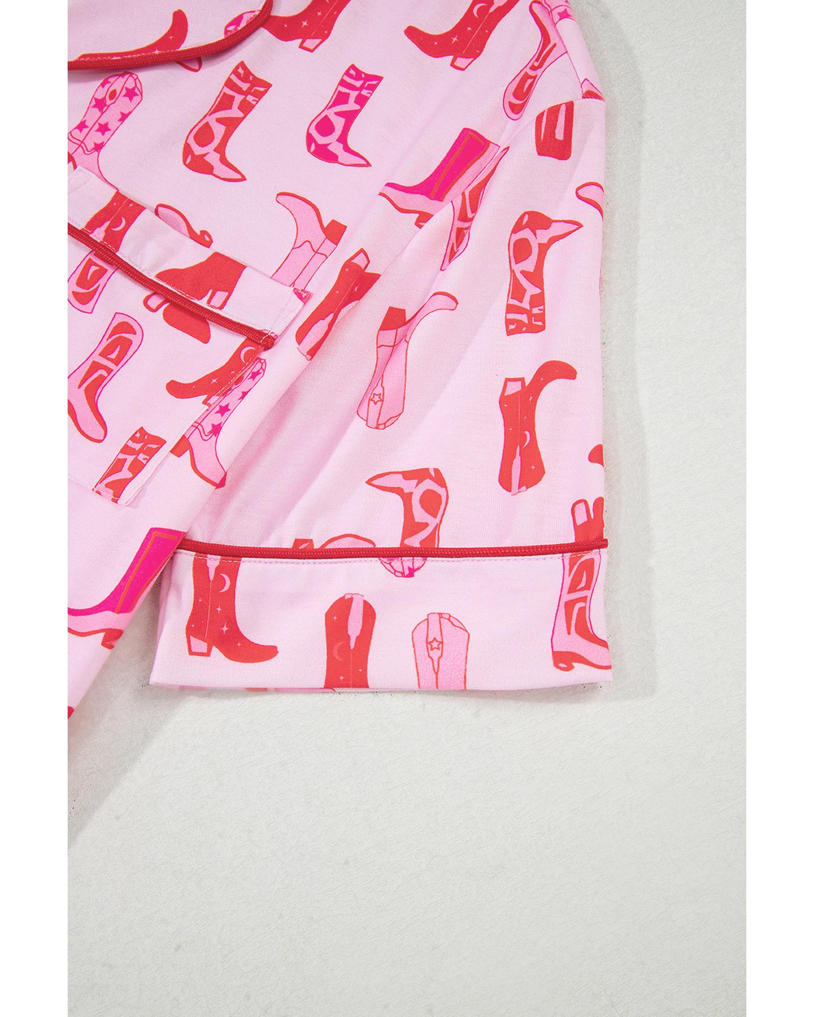 Pink Western Cowgirl Boots Printed Shirt Ruffled Shorts Pajama Set - XL 7