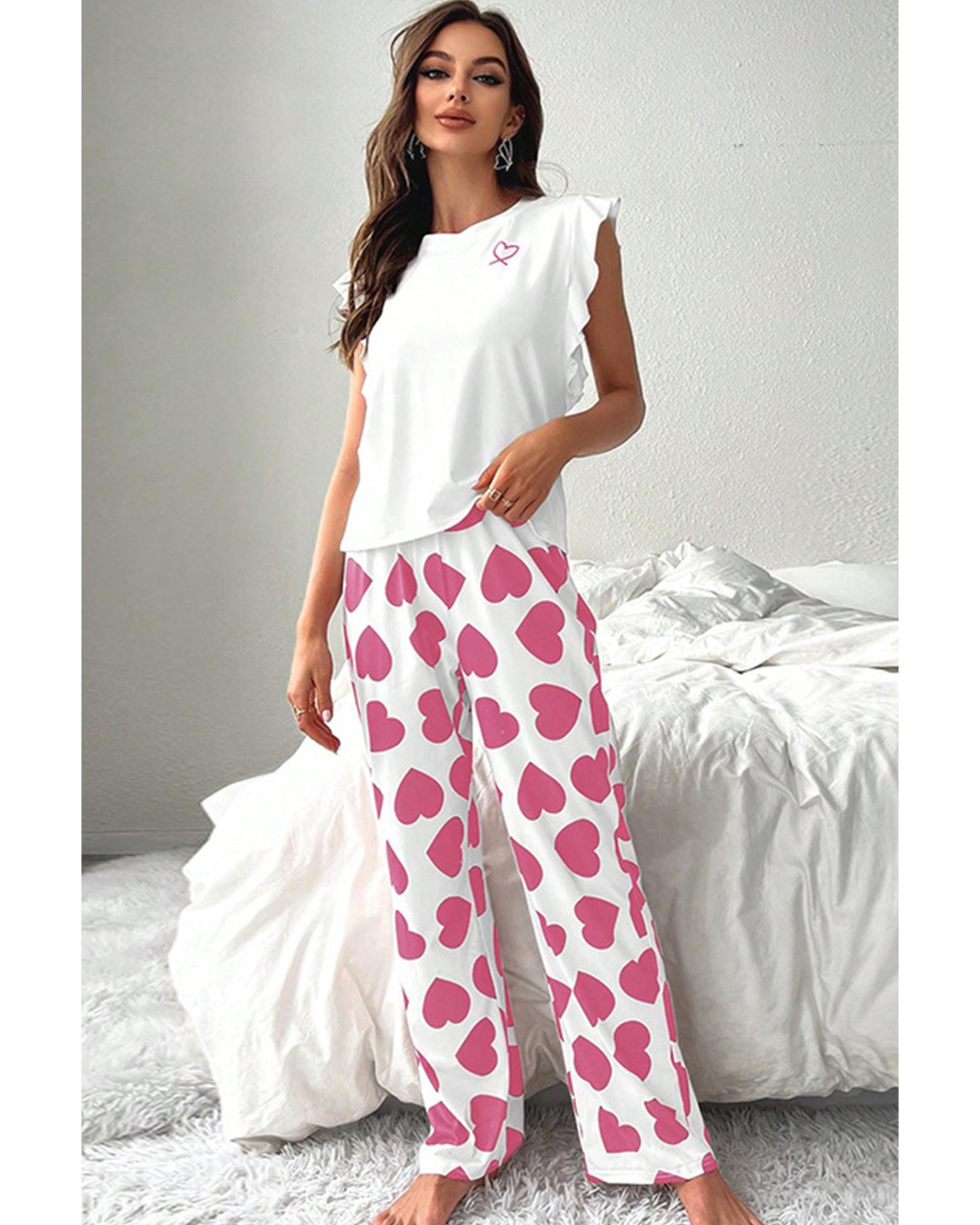 Pink Ruffled Tank Top And Heart Print Pants Lounge Set - 2XL 3