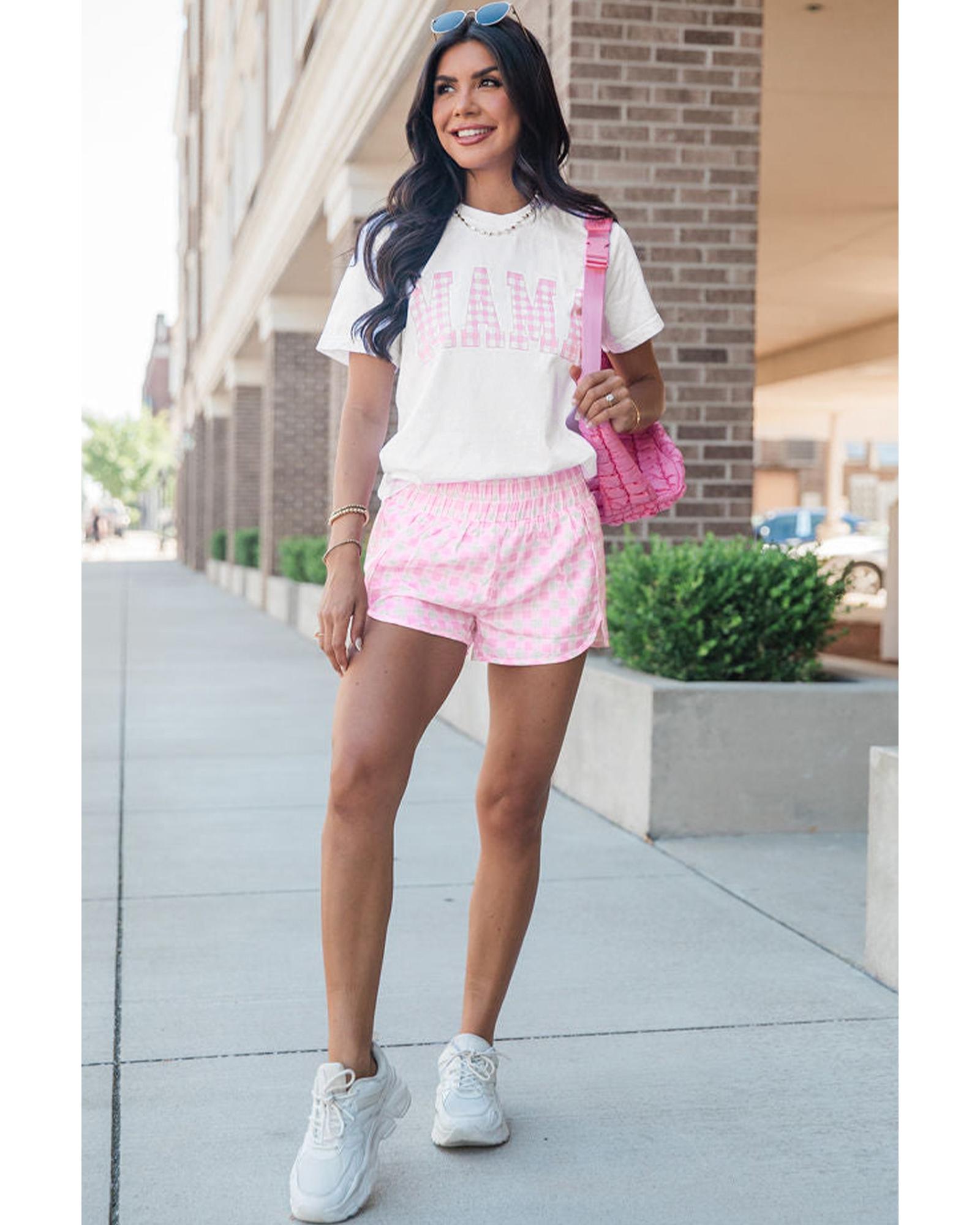 White MAMA Printed Tee and Plaid Shorts Lounge Set - S 3