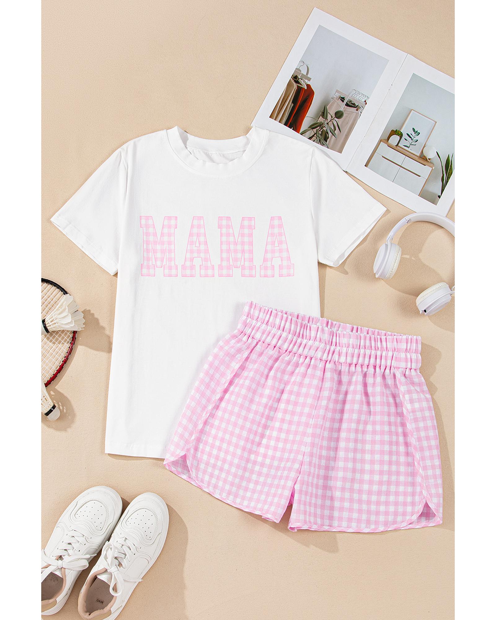 White MAMA Printed Tee and Plaid Shorts Lounge Set - S 4
