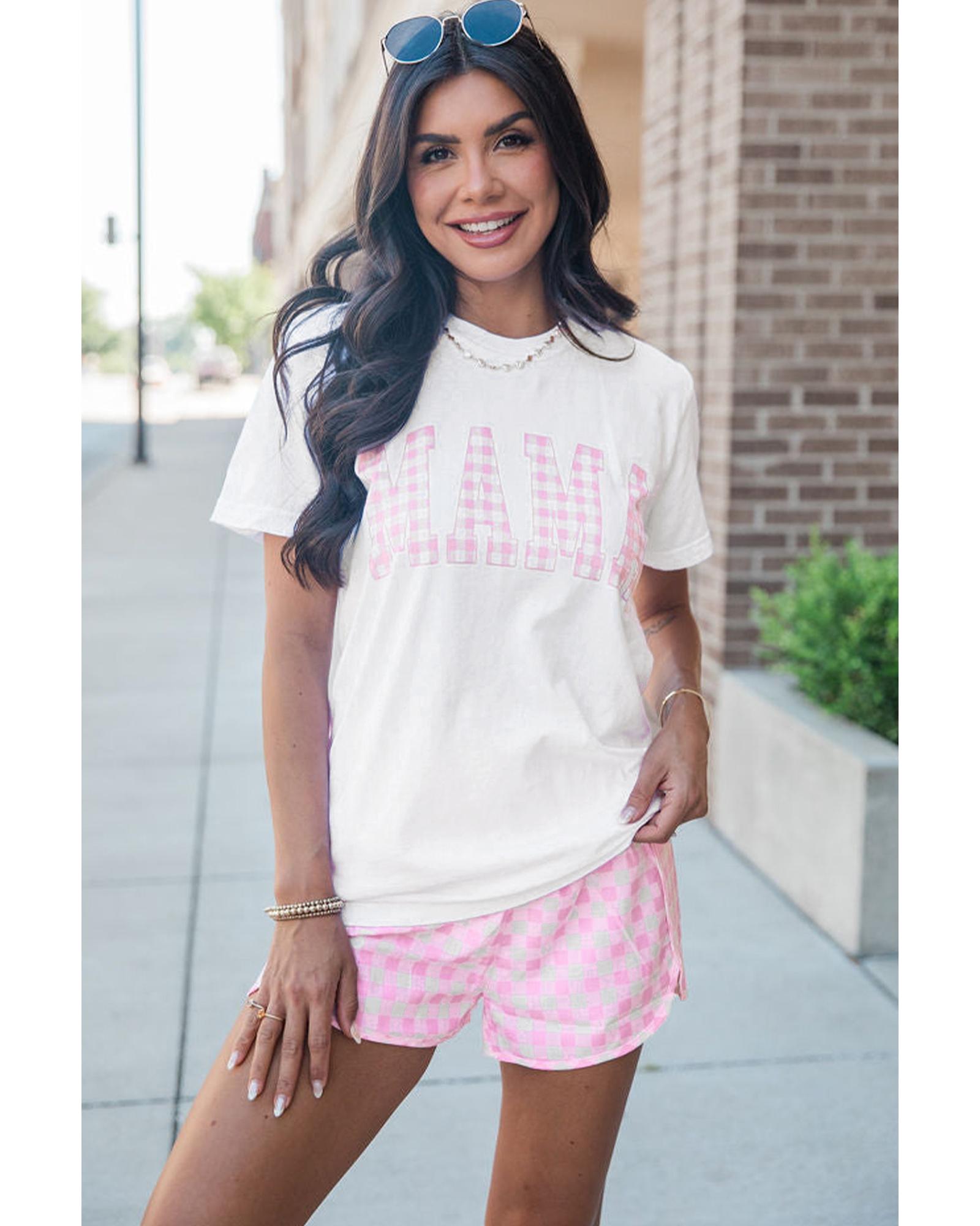 White MAMA Printed Tee and Plaid Shorts Lounge Set - S 5