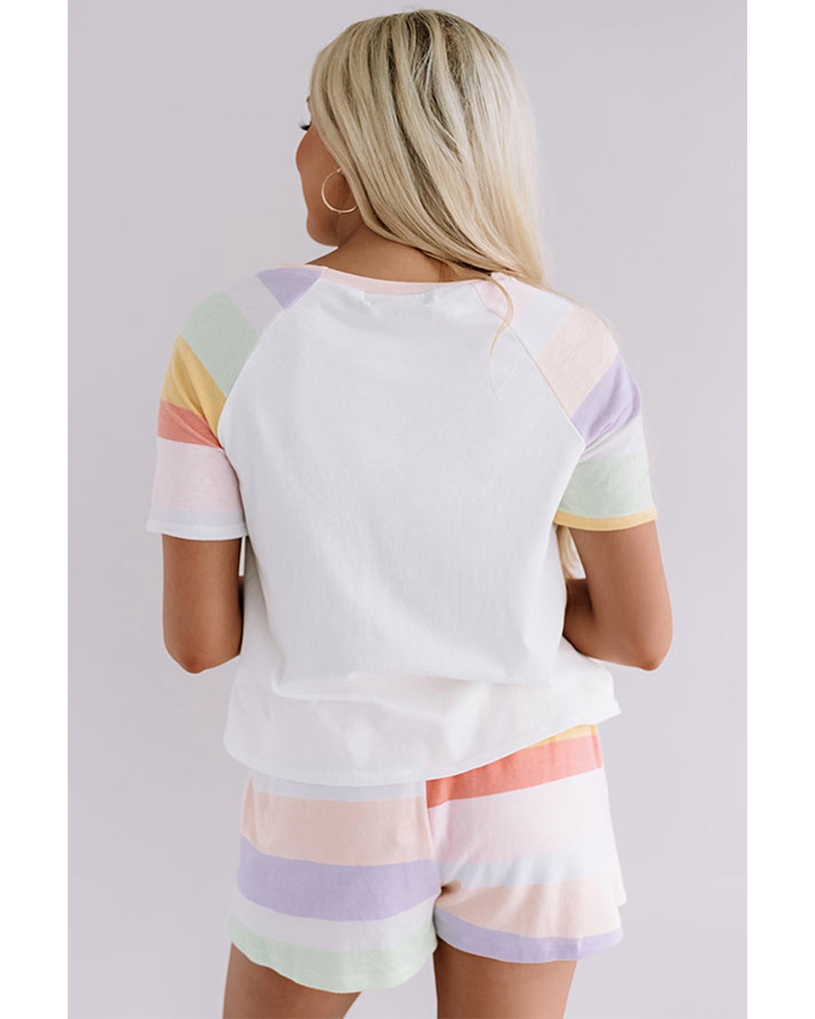 White Rainbow Striped T Shirt and Shorts Set - M