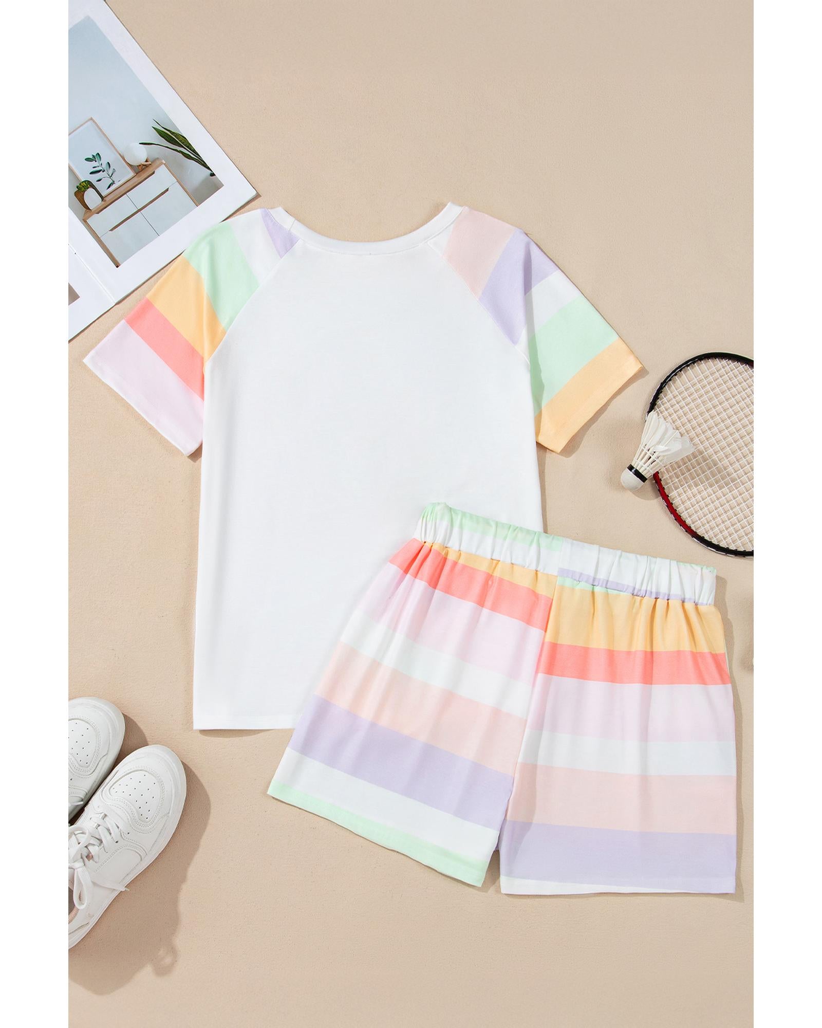 White Rainbow Striped T Shirt and Shorts Set - M 5