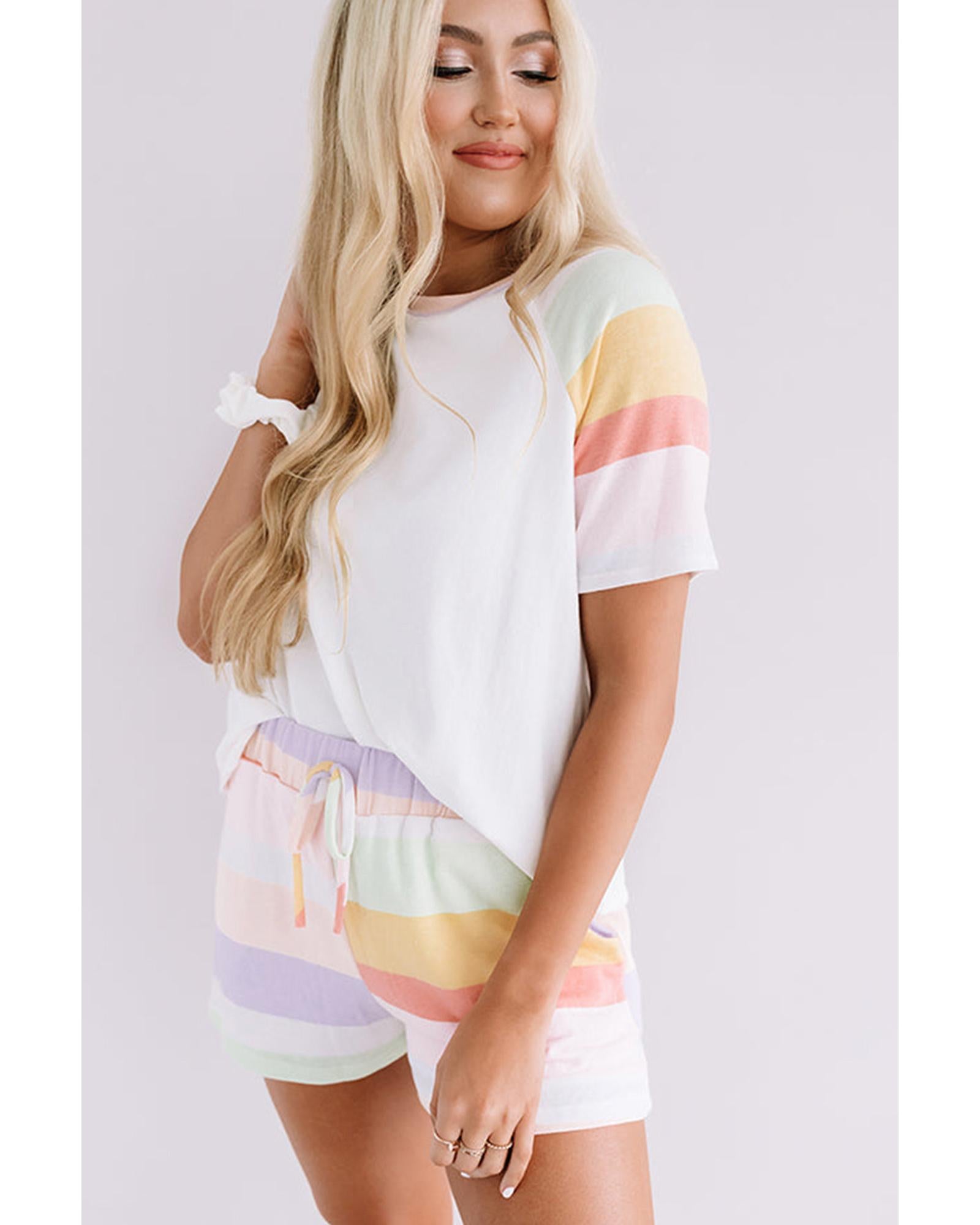 White Rainbow Striped T Shirt and Shorts Set - M 7