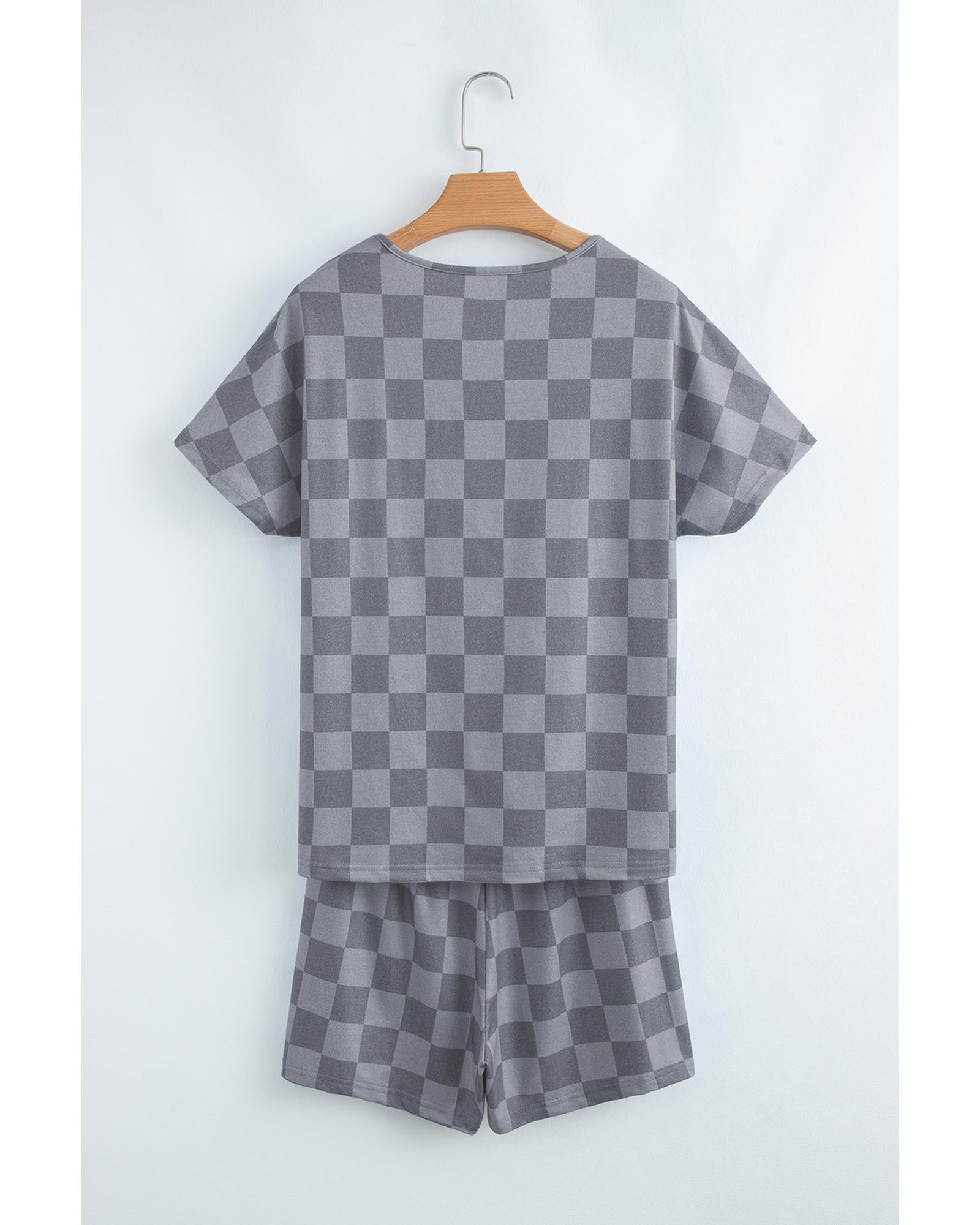 Gray Checkered V Neck Tee Drawstring Shorts Lounge Set - L 4