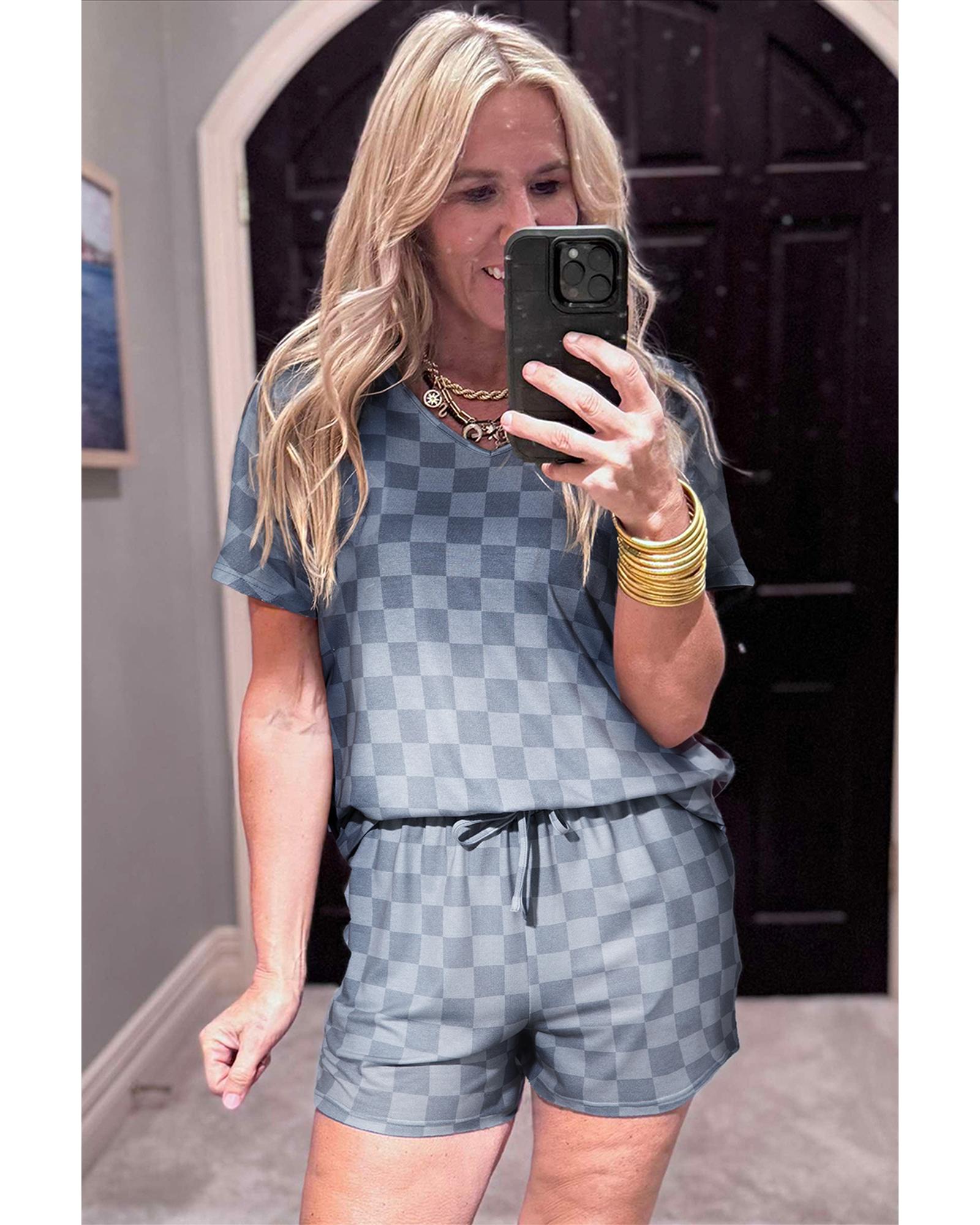 Gray Checkered V Neck Tee Drawstring Shorts Lounge Set - M