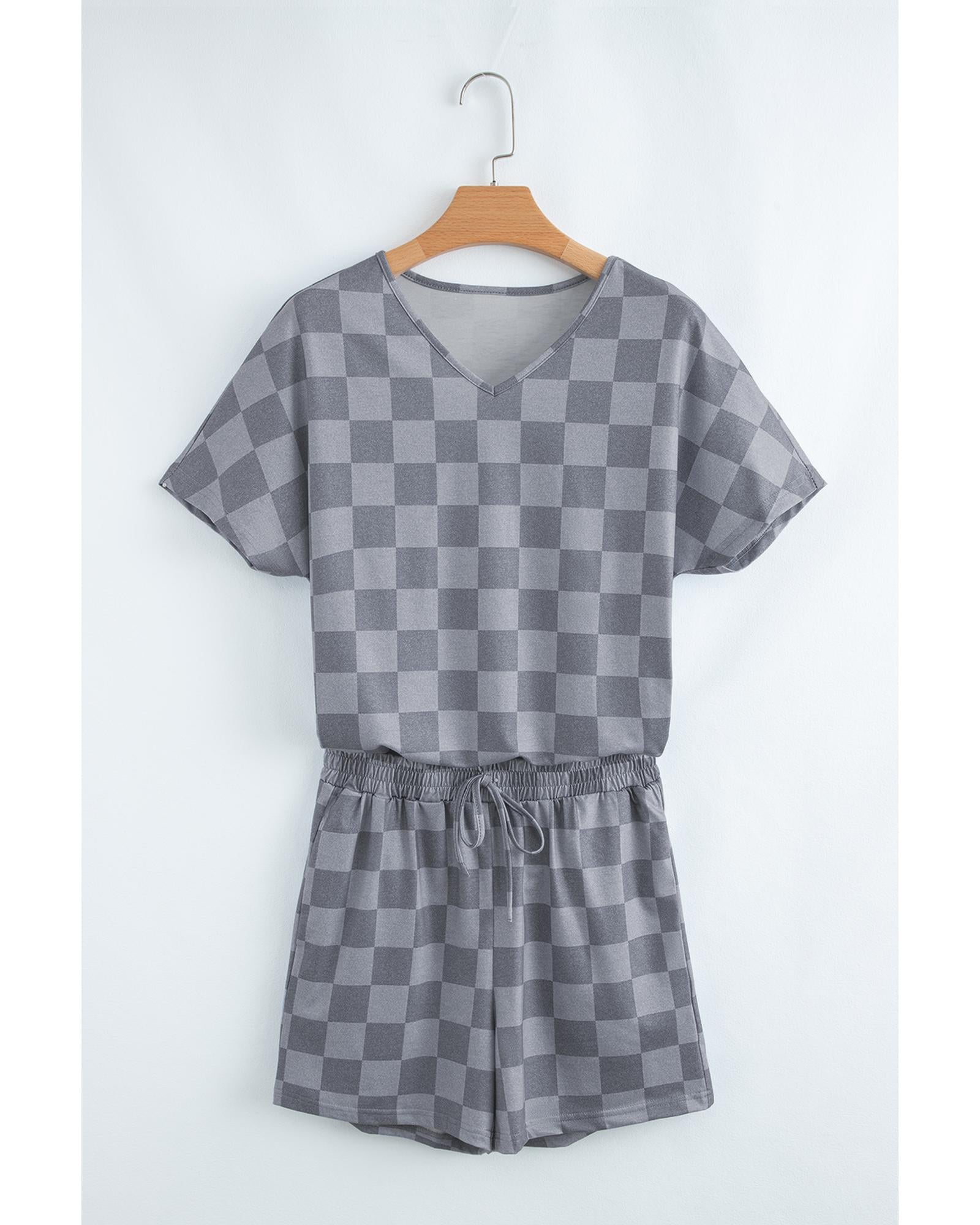 Gray Checkered V Neck Tee Drawstring Shorts Lounge Set - M 3