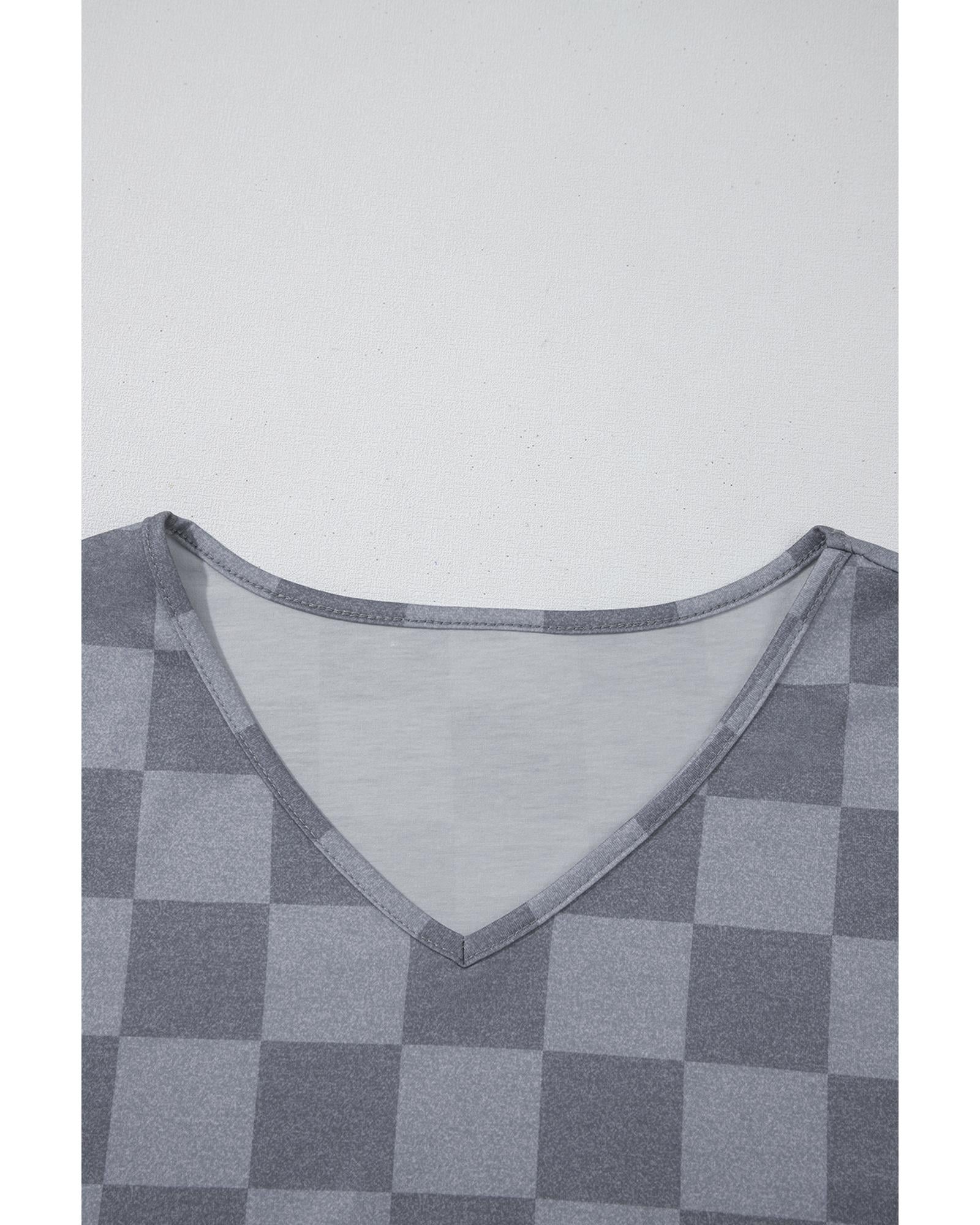 Gray Checkered V Neck Tee Drawstring Shorts Lounge Set - S 5
