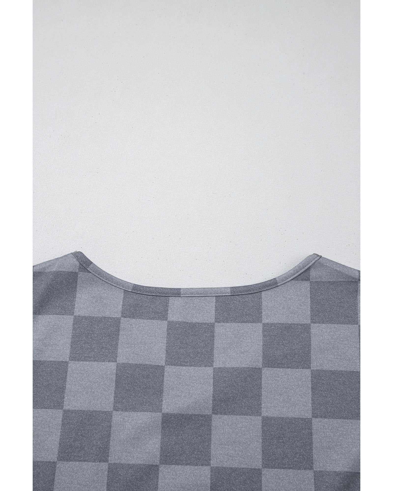 Gray Checkered V Neck Tee Drawstring Shorts Lounge Set - S 6
