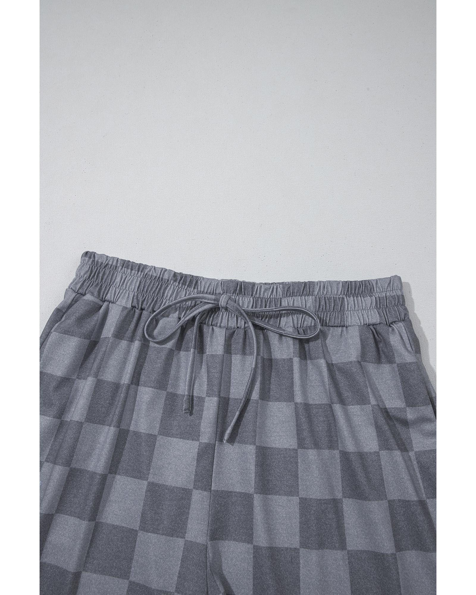 Gray Checkered V Neck Tee Drawstring Shorts Lounge Set - S 7