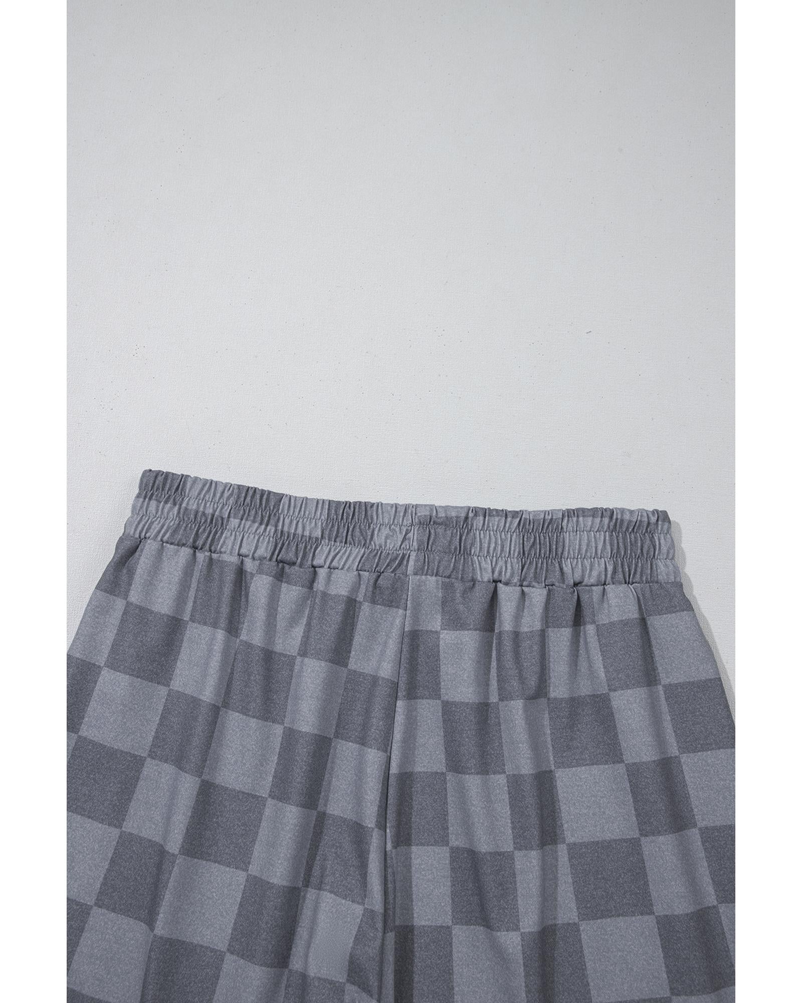 Gray Checkered V Neck Tee Drawstring Shorts Lounge Set - S 8