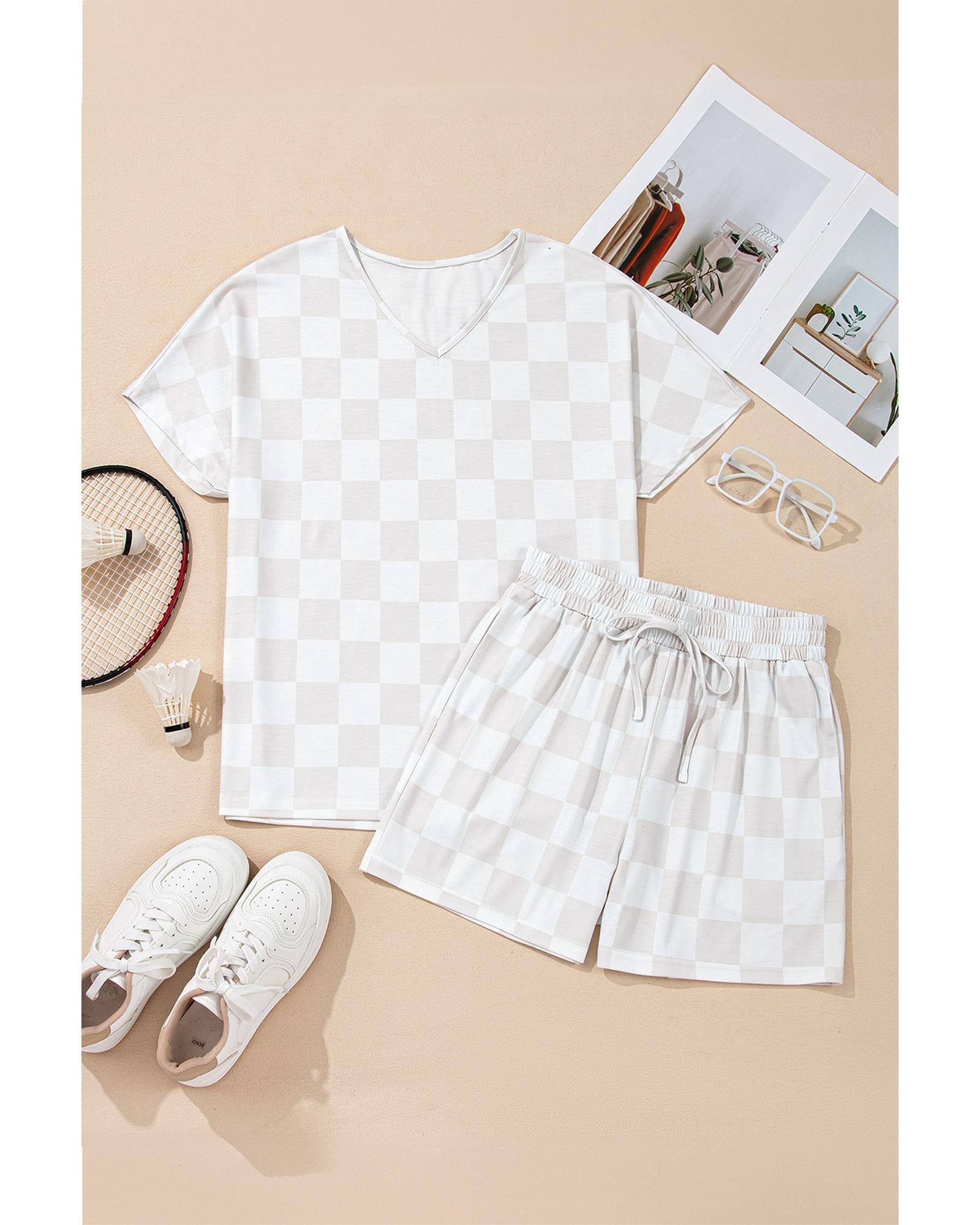Beige Checkered V Neck Tee Drawstring Shorts Lounge Set - M 7