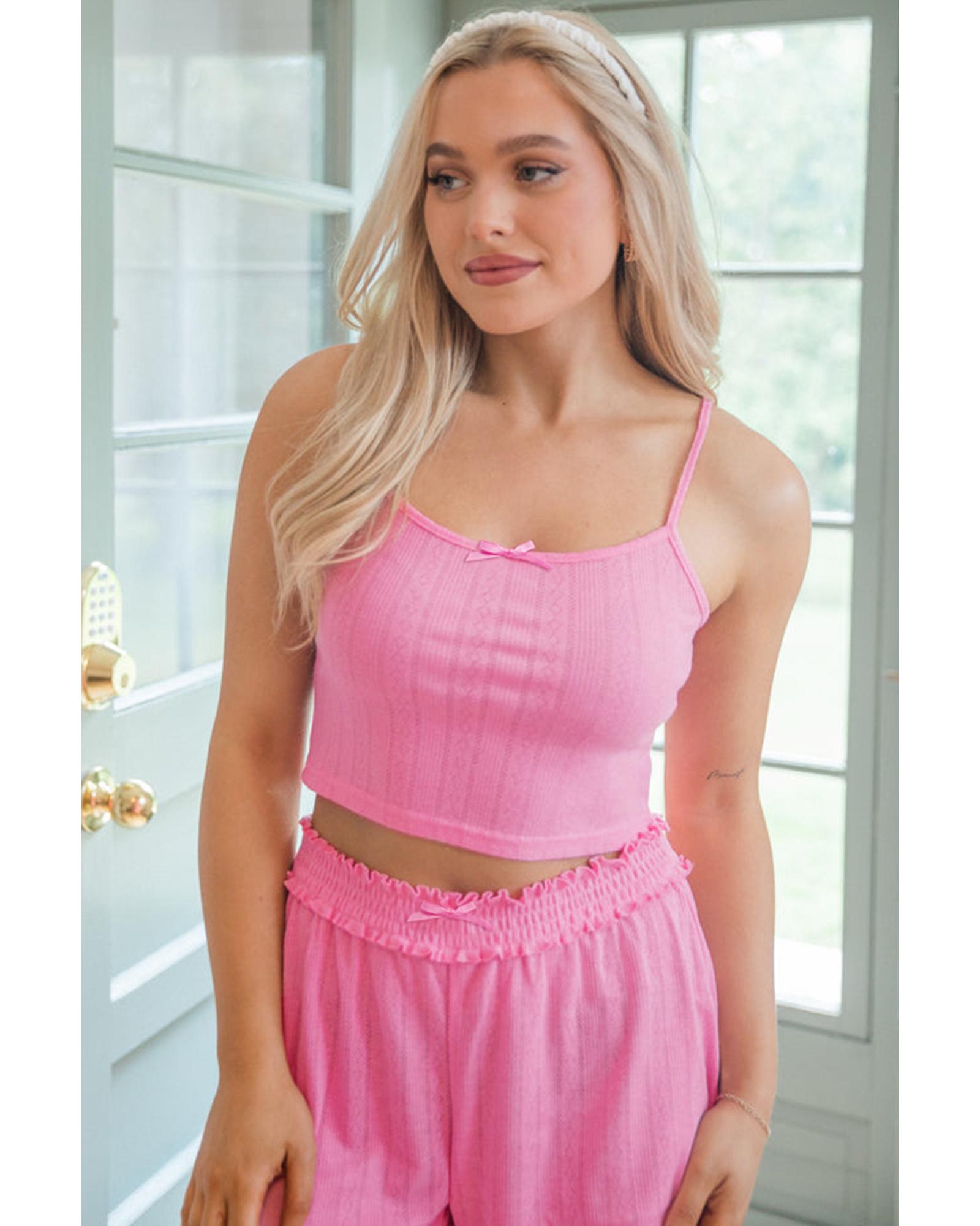 Bonbon Delicate Texture Cropped Cami Shorts and Cardigan 3pcs Lounge Set - L 3