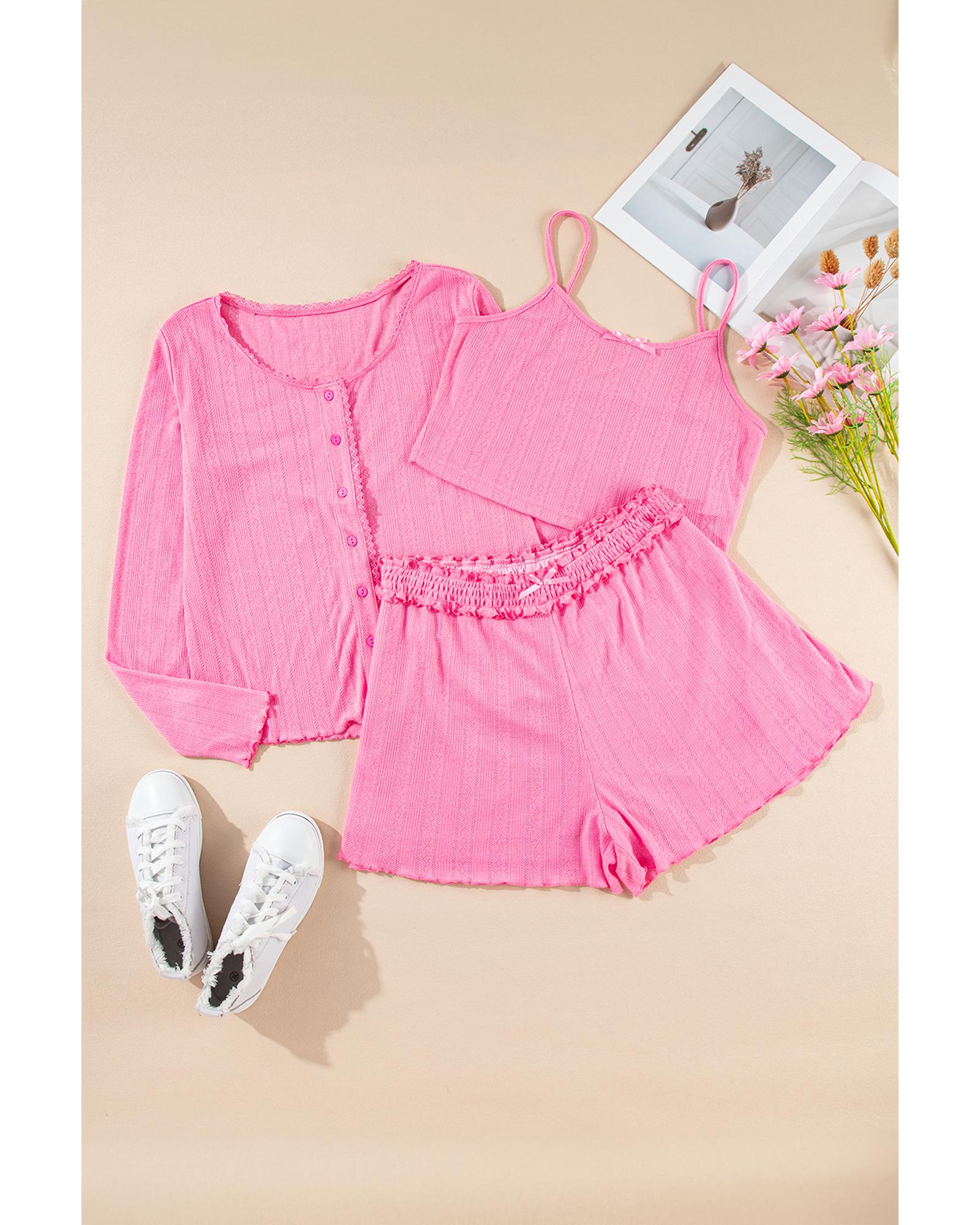 Bonbon Delicate Texture Cropped Cami Shorts and Cardigan 3pcs Lounge Set - L 8