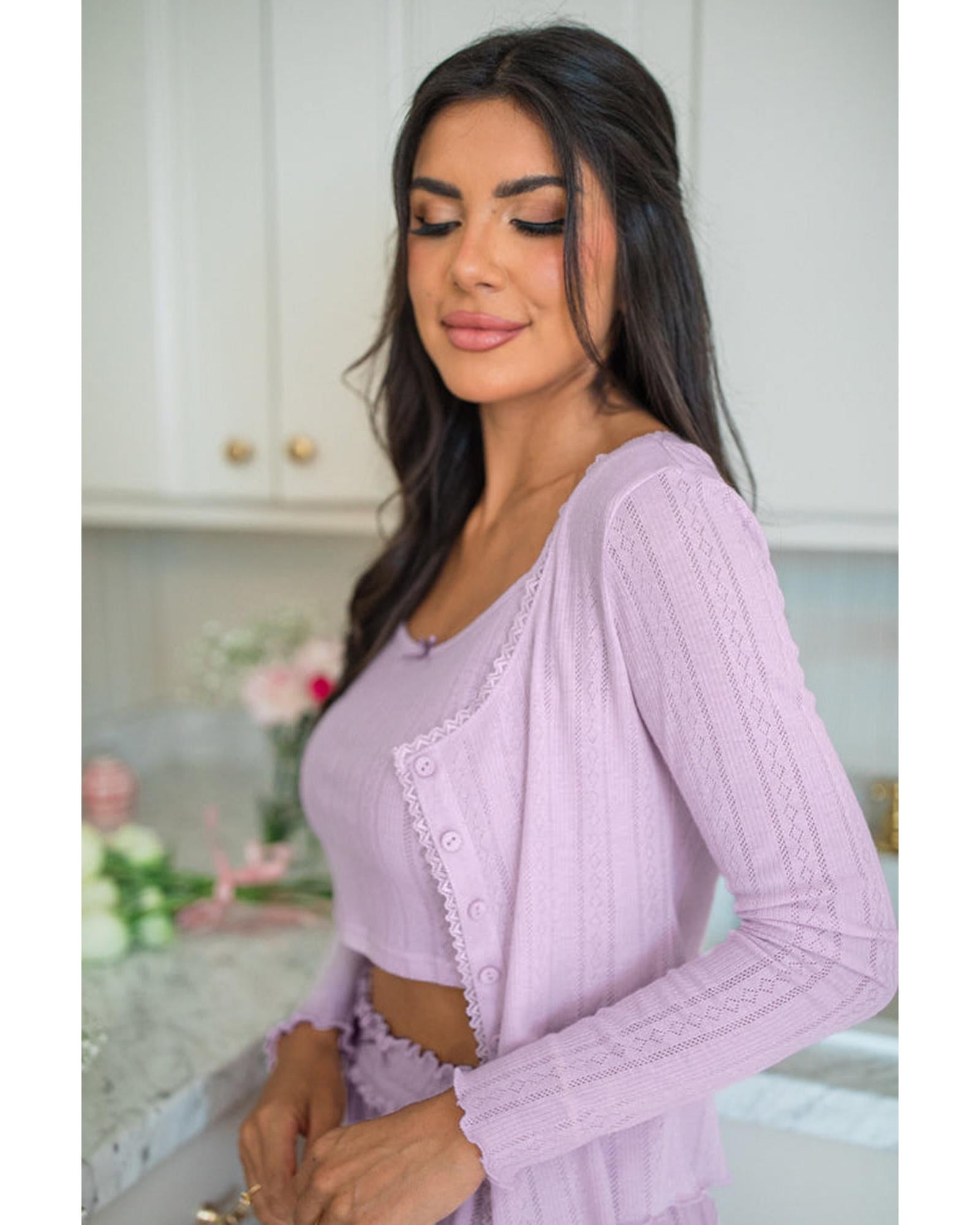 Orchid Petal Delicate Texture Cropped Cami Shorts and Cardigan 3pcs Lounge Set - L 7