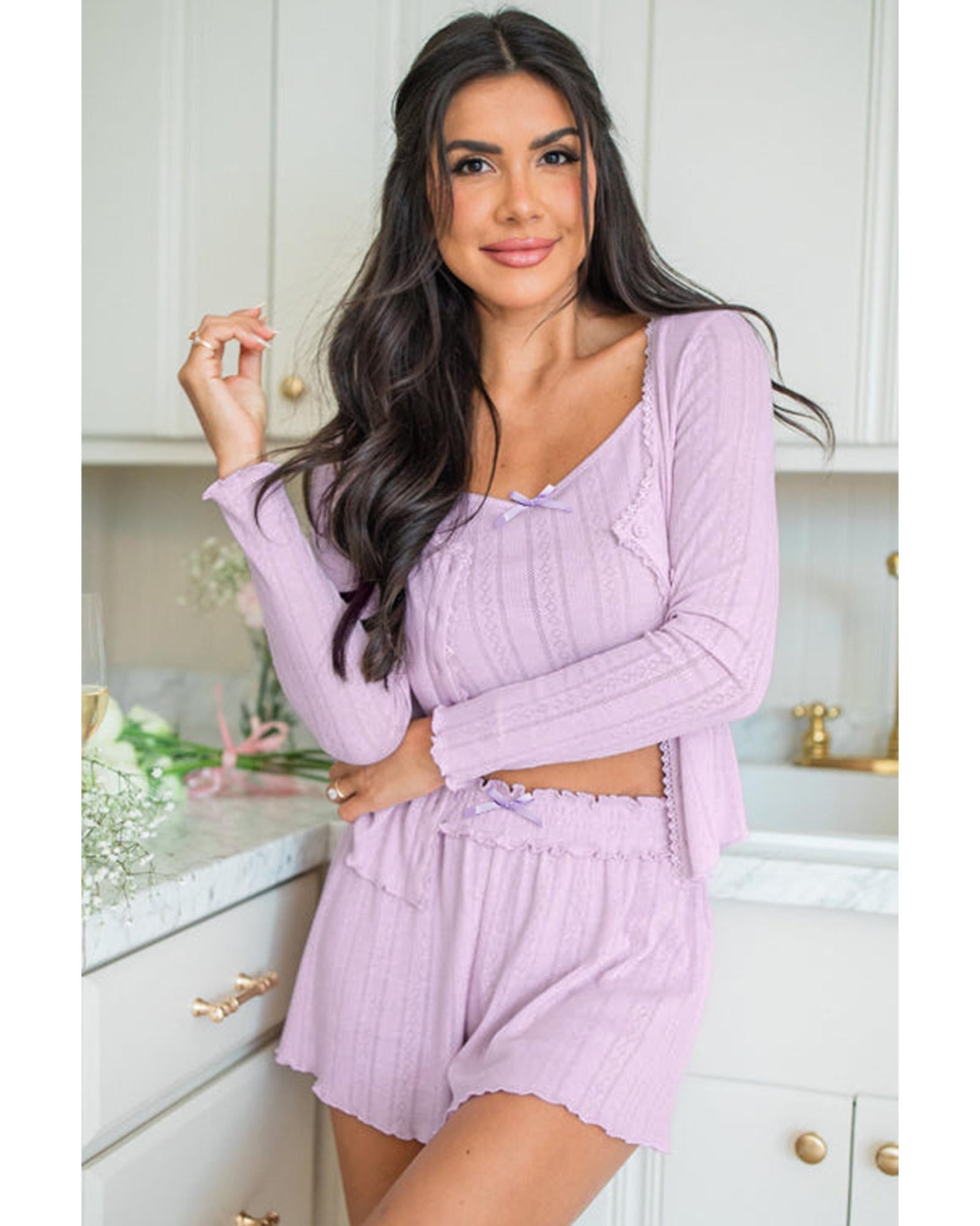 Orchid Petal Delicate Texture Cropped Cami Shorts and Cardigan 3pcs Lounge Set - L 8