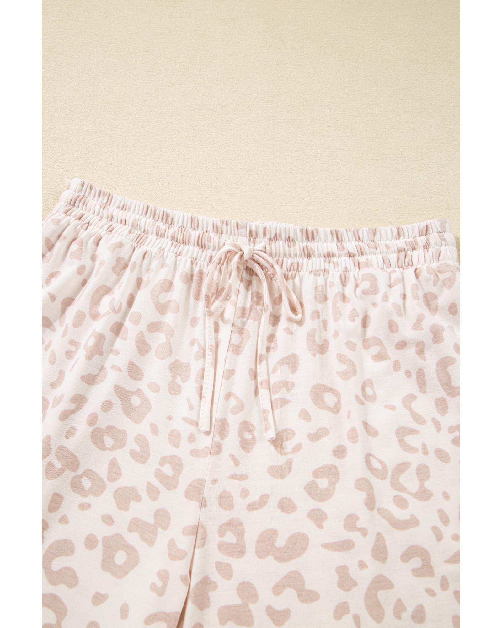 Beige Cheetah V Neck Tee and Pants Lounge Set - S 3