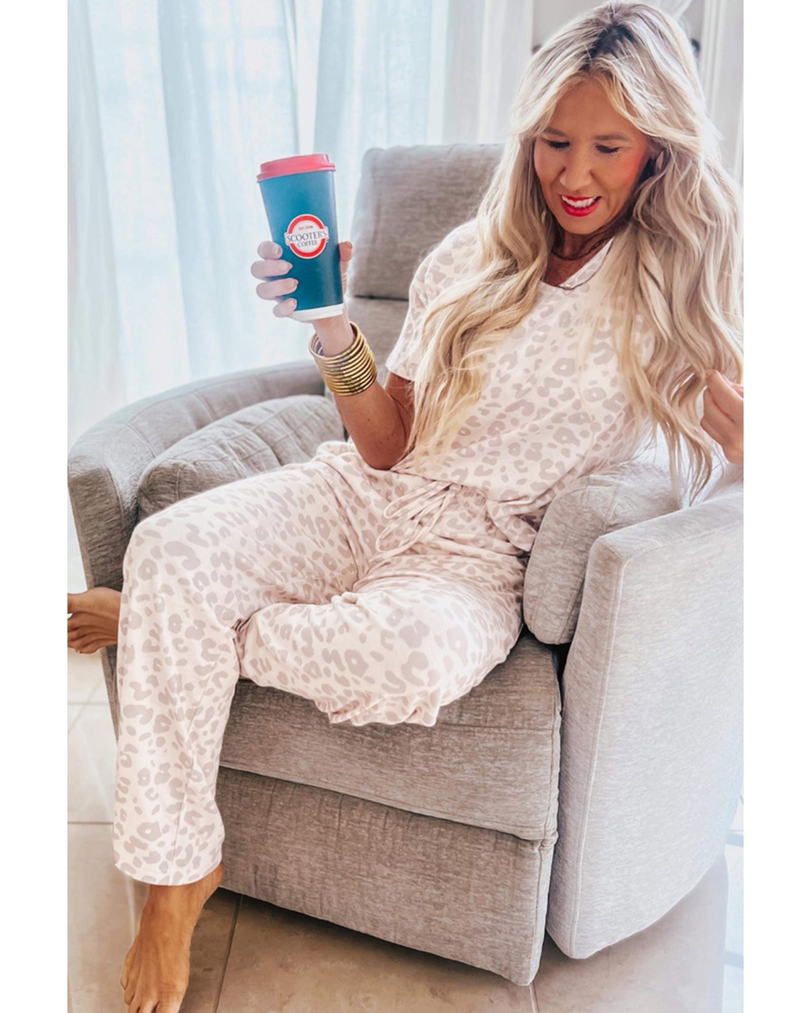 Beige Cheetah V Neck Tee and Pants Lounge Set - S 4