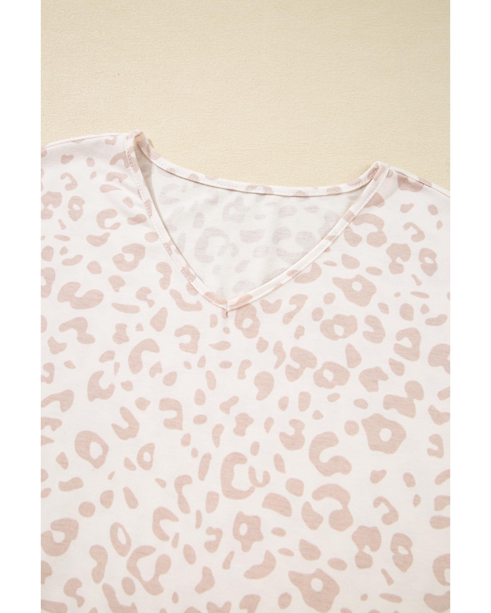 Beige Cheetah V Neck Tee and Pants Lounge Set - S 8