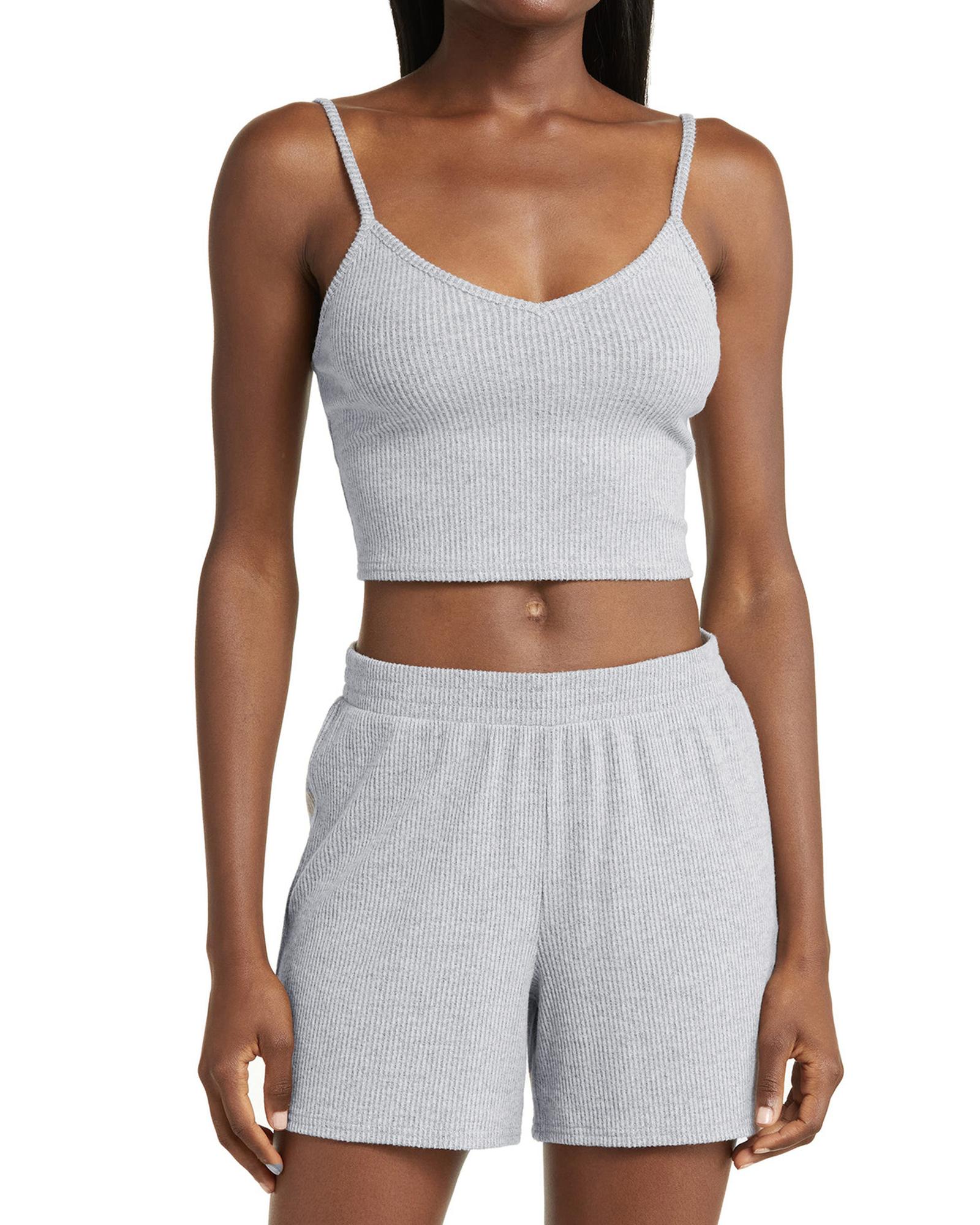 Light Grey 3 Pieces Rib Crop Camisole Matching Shorts Lounge Set with Cardigan - L 3