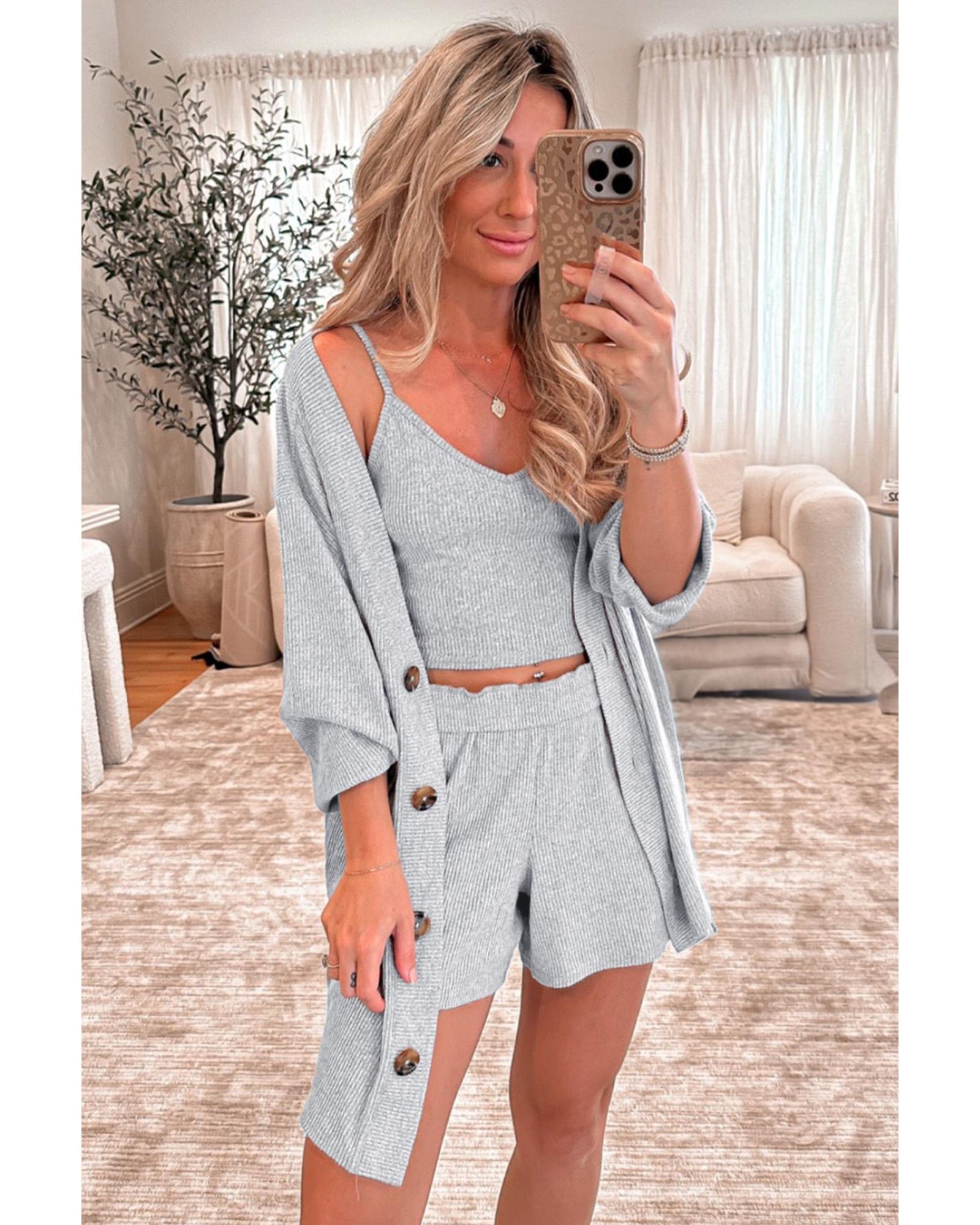 Light Grey 3 Pieces Rib Crop Camisole Matching Shorts Lounge Set with Cardigan - L 6