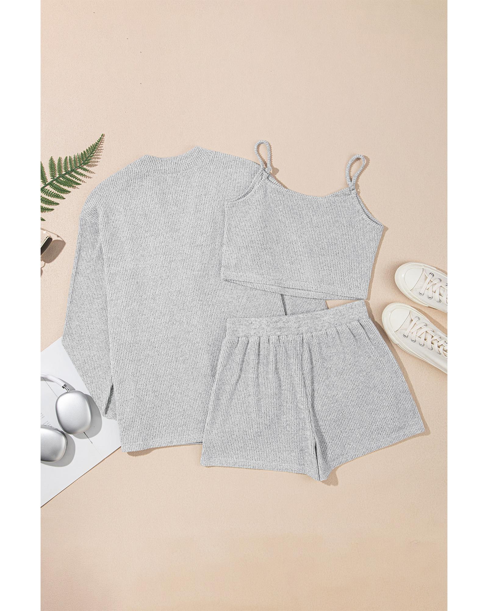 Light Grey 3 Pieces Rib Crop Camisole Matching Shorts Lounge Set with Cardigan - L 8